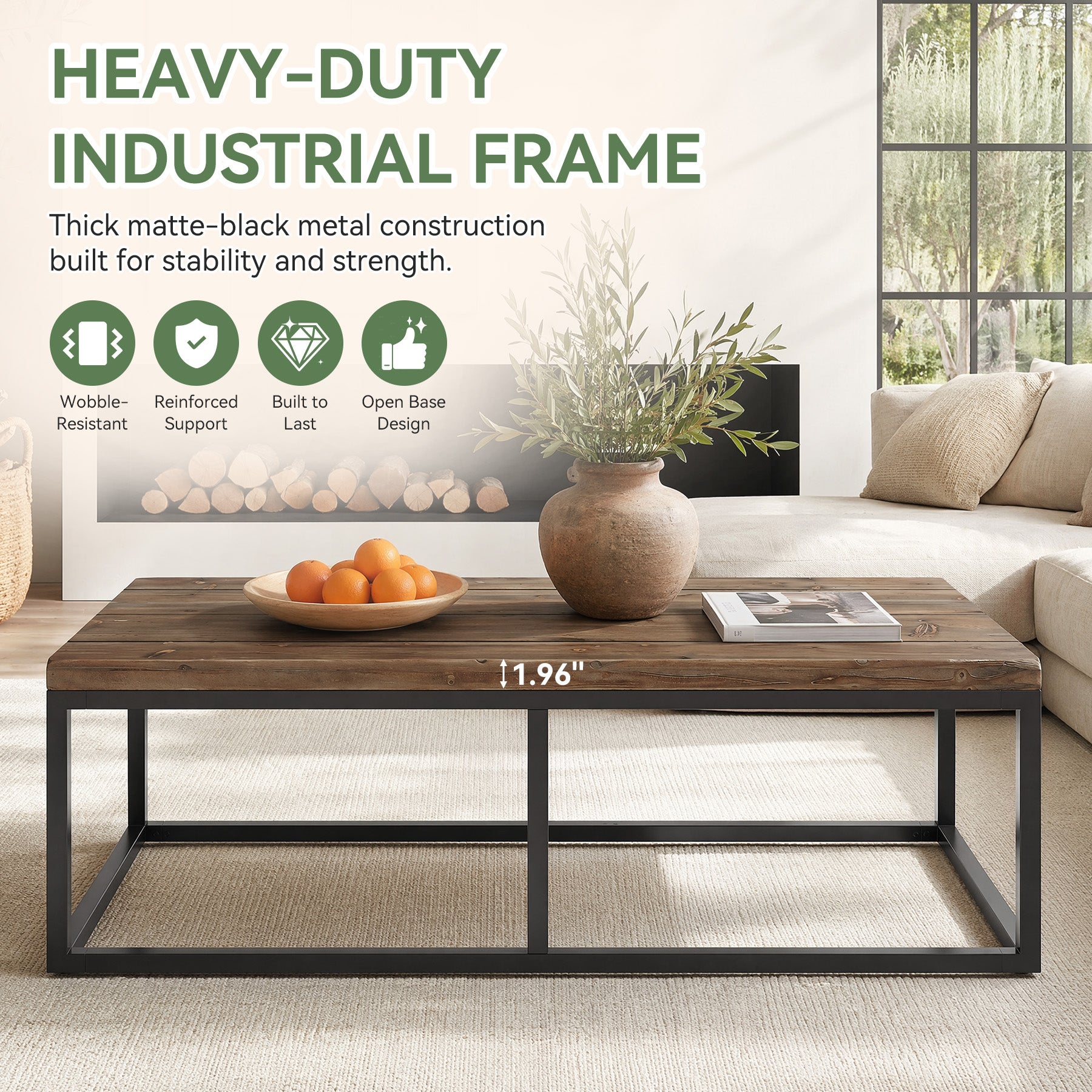 55" Solid Wood Coffee Table, Rectangular Center Table with Steel Frame for Living Room