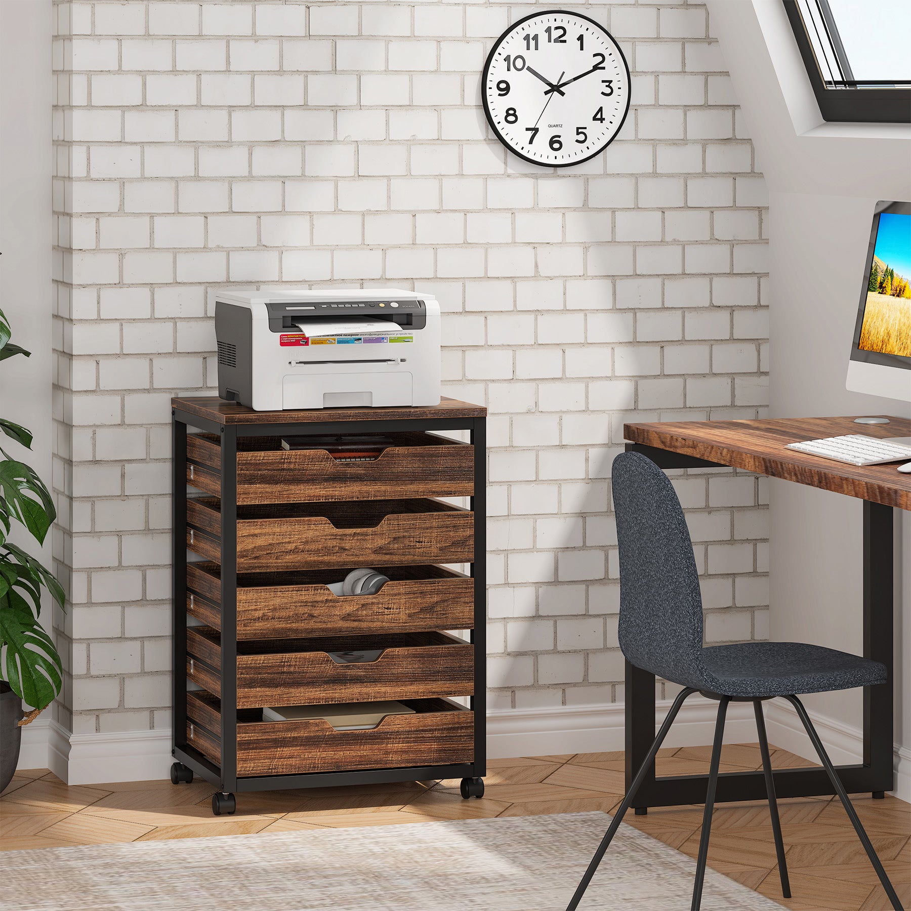 5-Drawer File Cabinet, Wood Mobile Storage Drawer Unit Industrial Office Cabinet with Drawers & Wheels