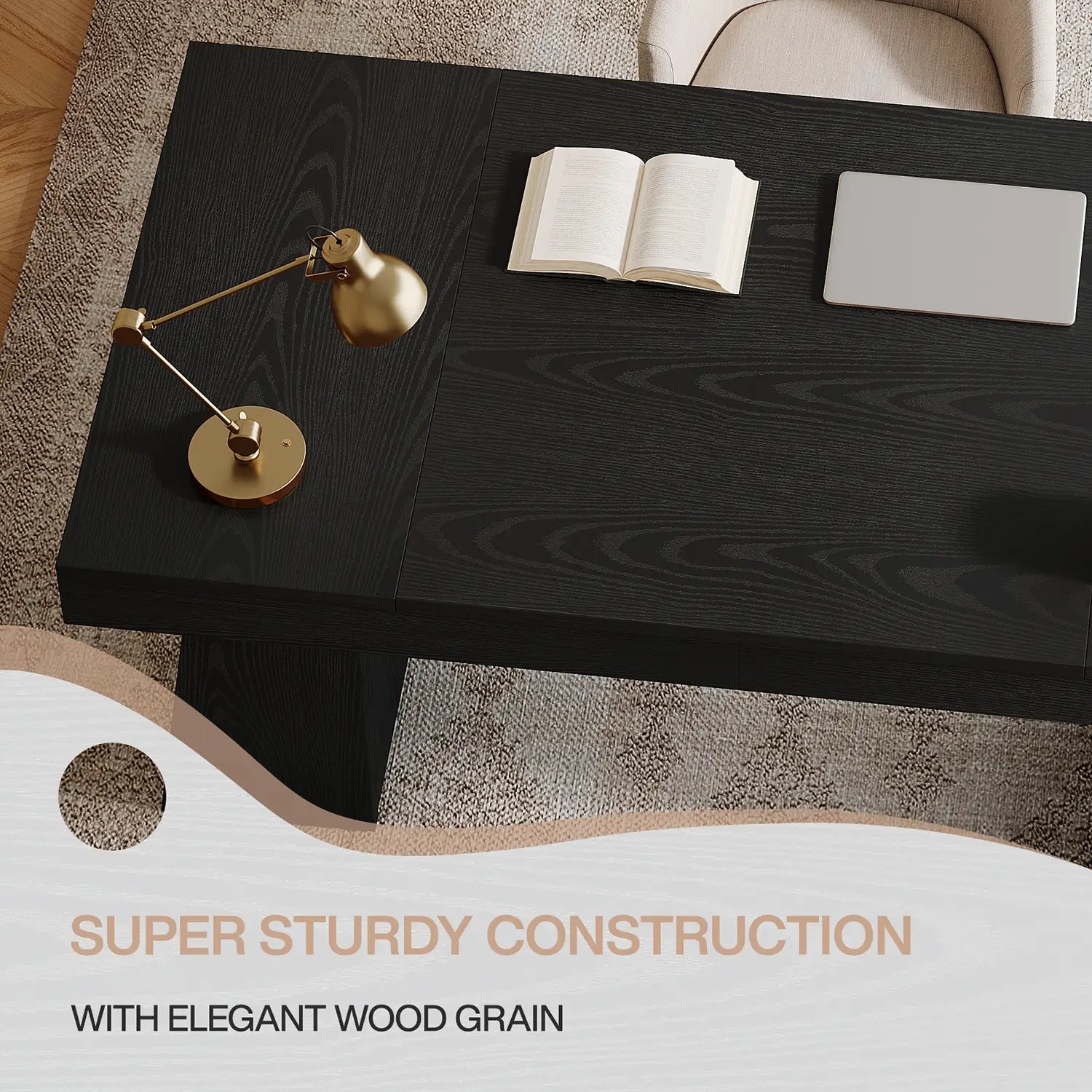 55" Executive Desk with Double Trapezoid Base, Modern Wooden Computer Desk for Home Office