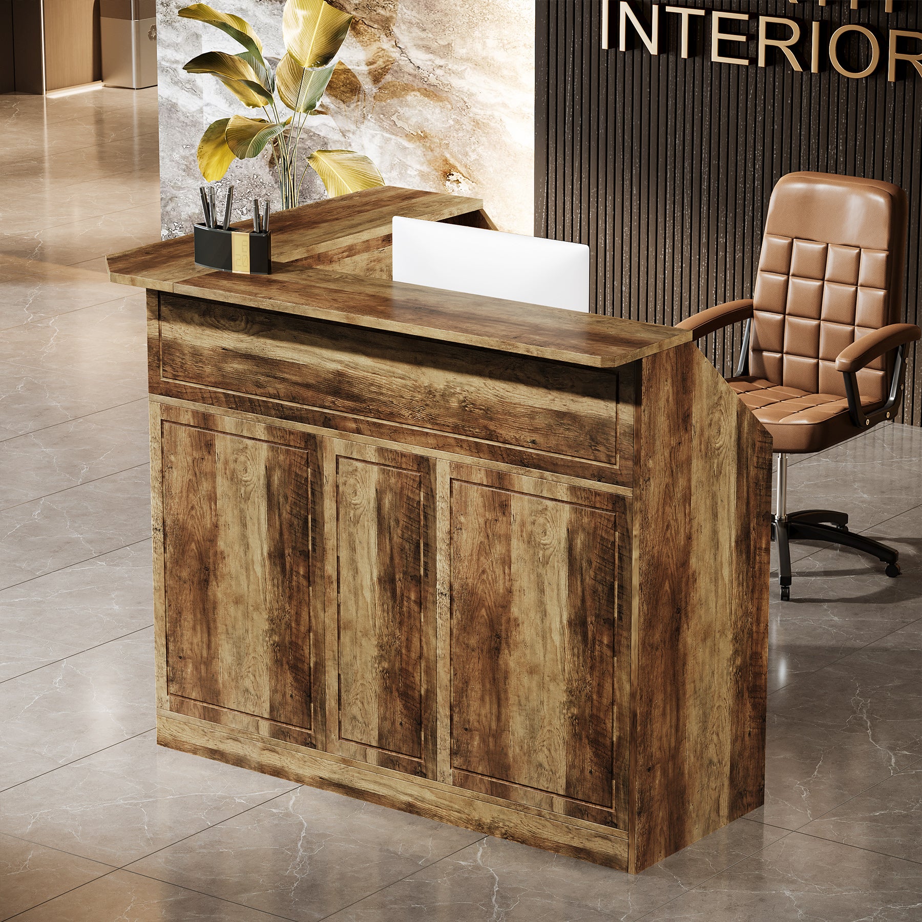 L-Shaped Reception Desk with Storage Shelves, Modern Front Desk for Small Office or Salon