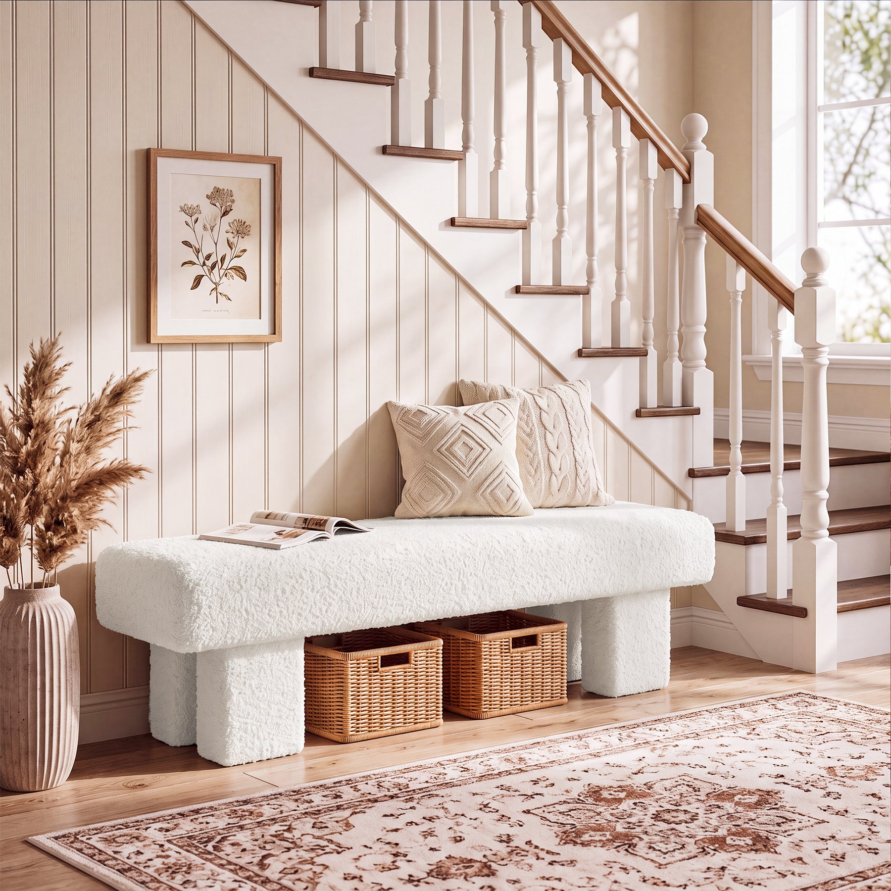 59" Entryway Bench, Modern Upholstered Ottoman Shoe Bench