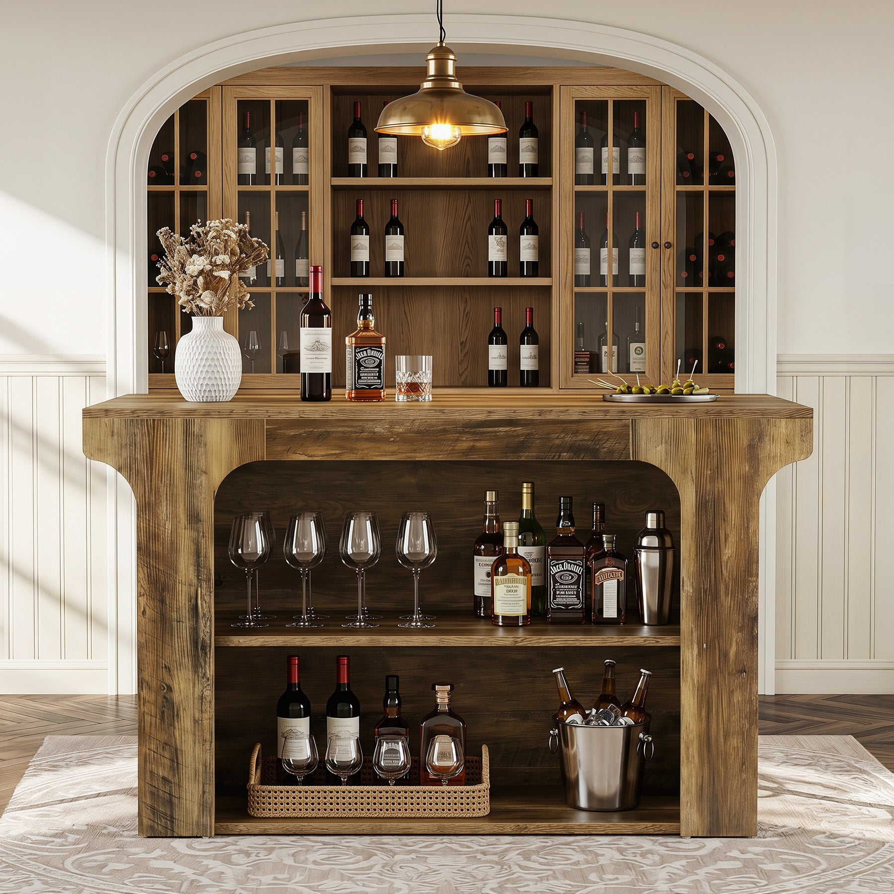 55" Rectangular Bar Table, Island Bar Station with Storage and 2 Shelves