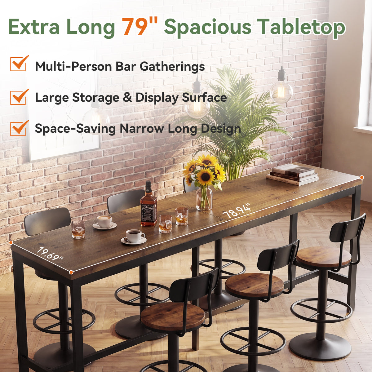 79" Solid Wood Bar Table, Rectangular High Top Table with Metal Footrest for Home Kitchen