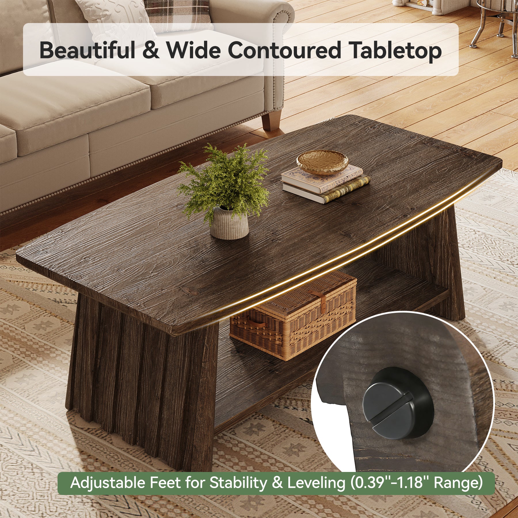 47" Solid Wood Coffee Table, 2-Tier Center Table with Unique Fluted Panels