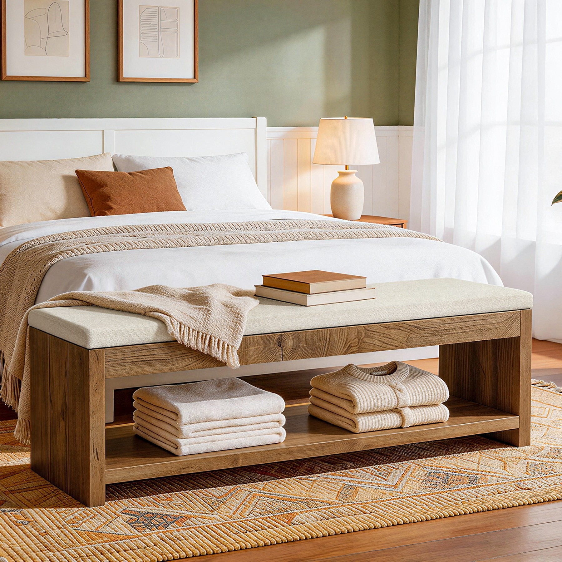 Upholstered End of Bed Bench, 55" Wooden Storage Bench with Shoe Rack