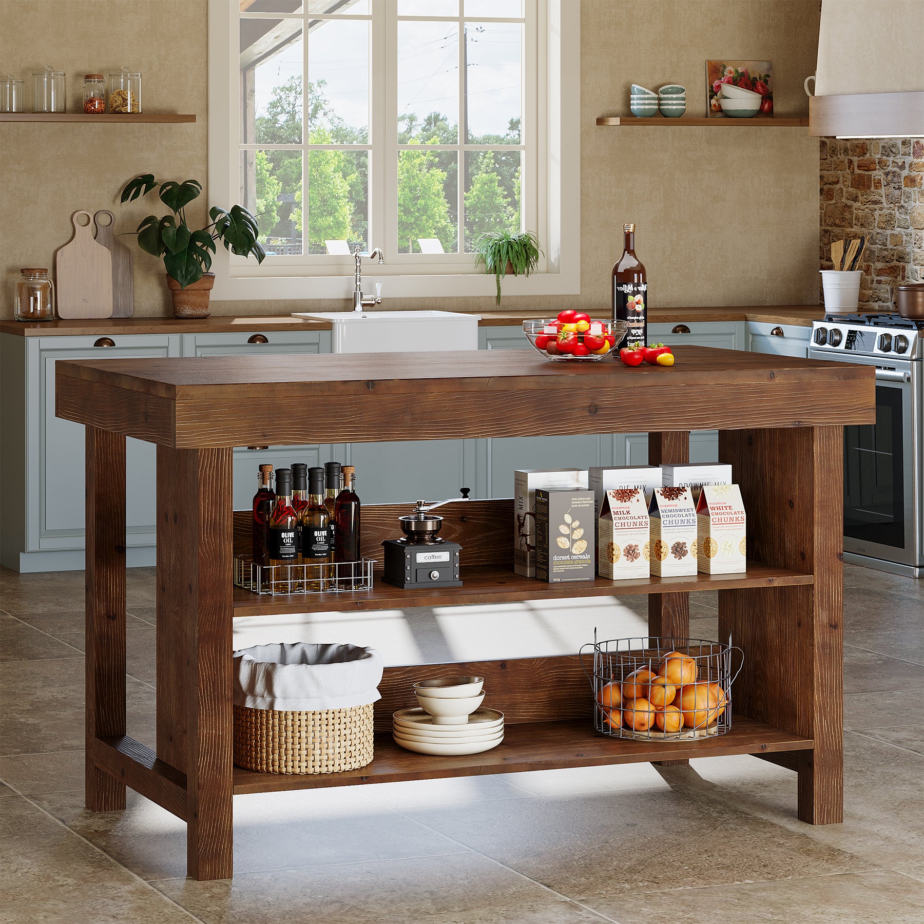 55" Wood Kitchen Island, 3-Tier Farmhouse Counter Height Coffee Bar