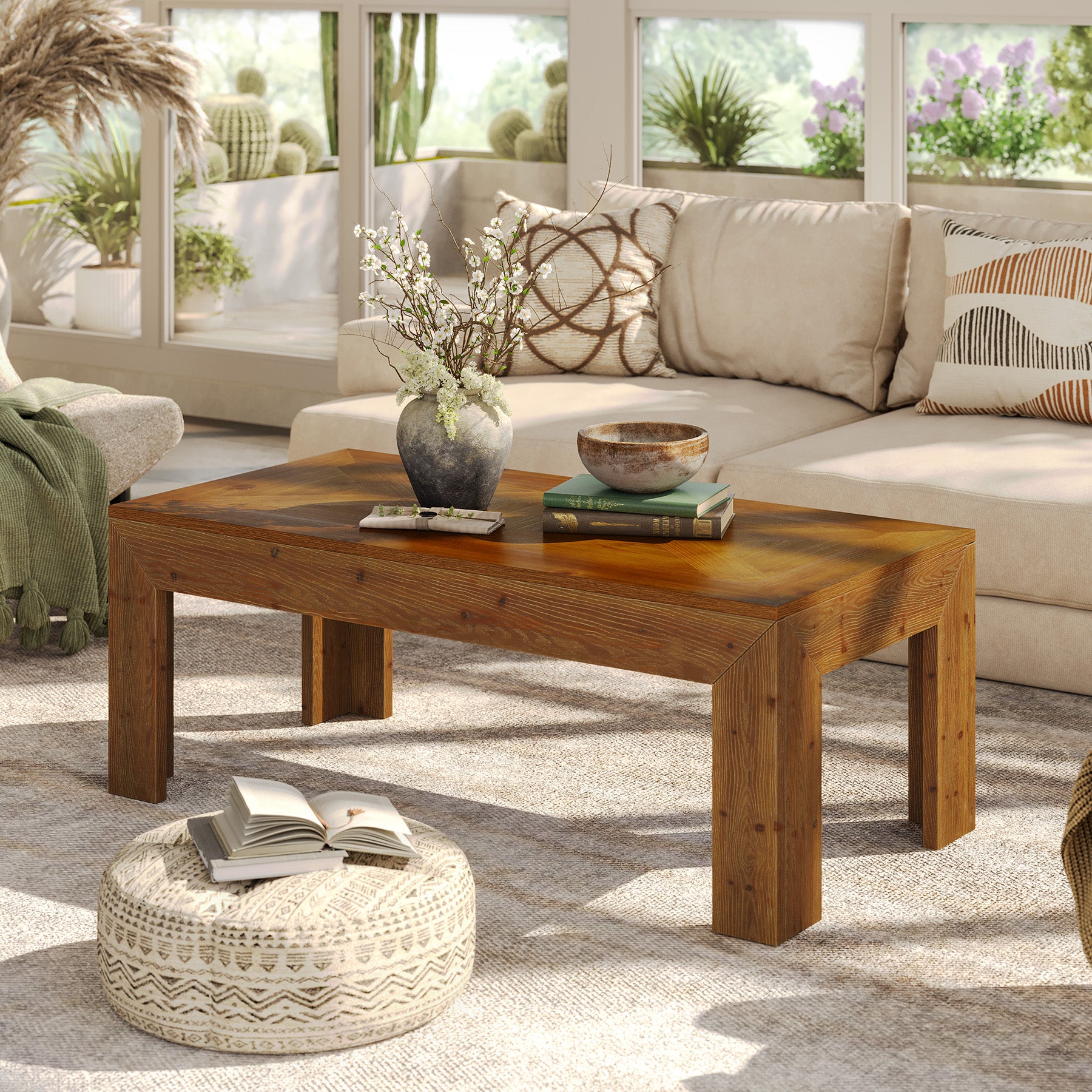 47" Solid Wood Coffee Table, Rectangular Center Cocktail Table