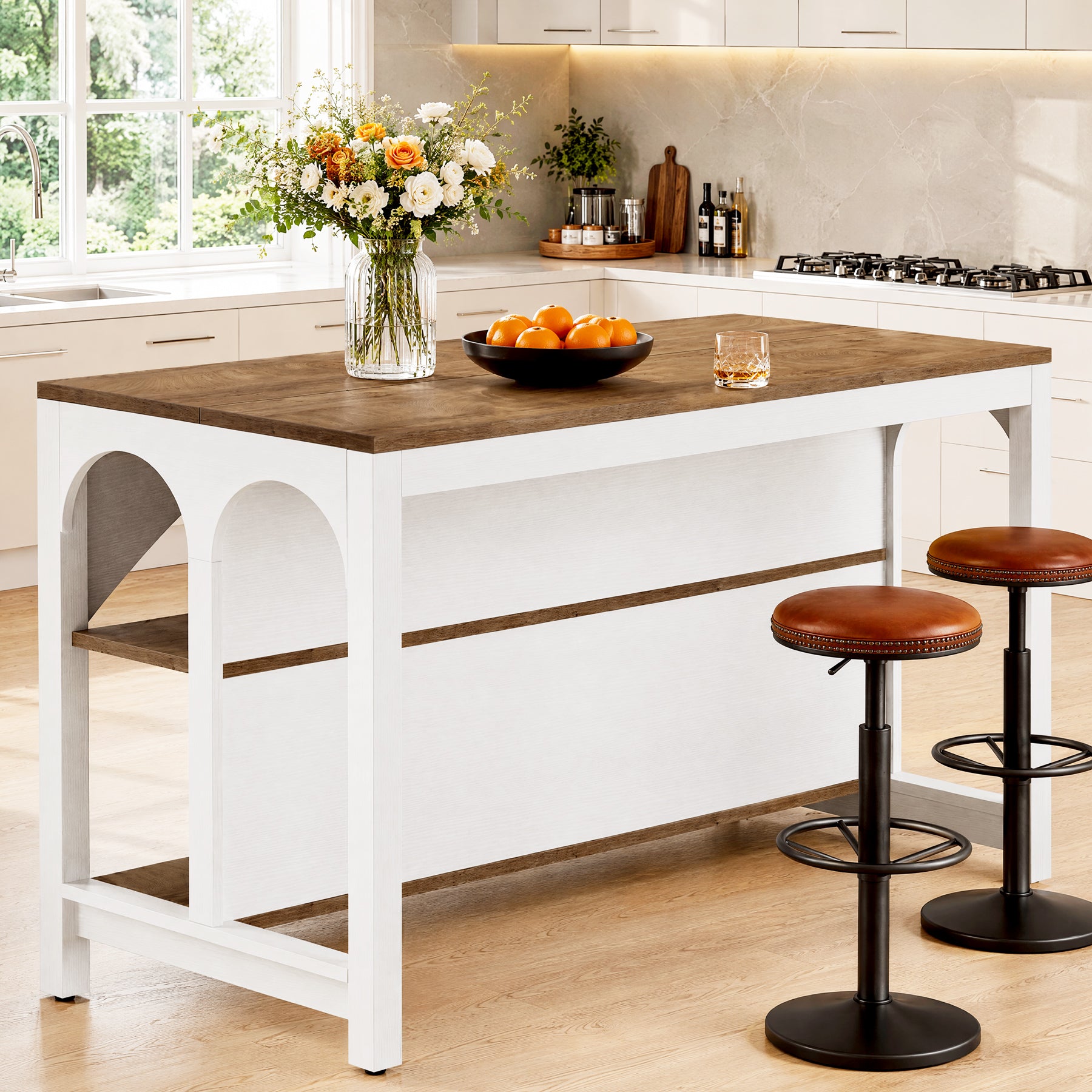 55" Kitchen Island with 2-Tier Shelves, Modern Stationary Island for Kitchen