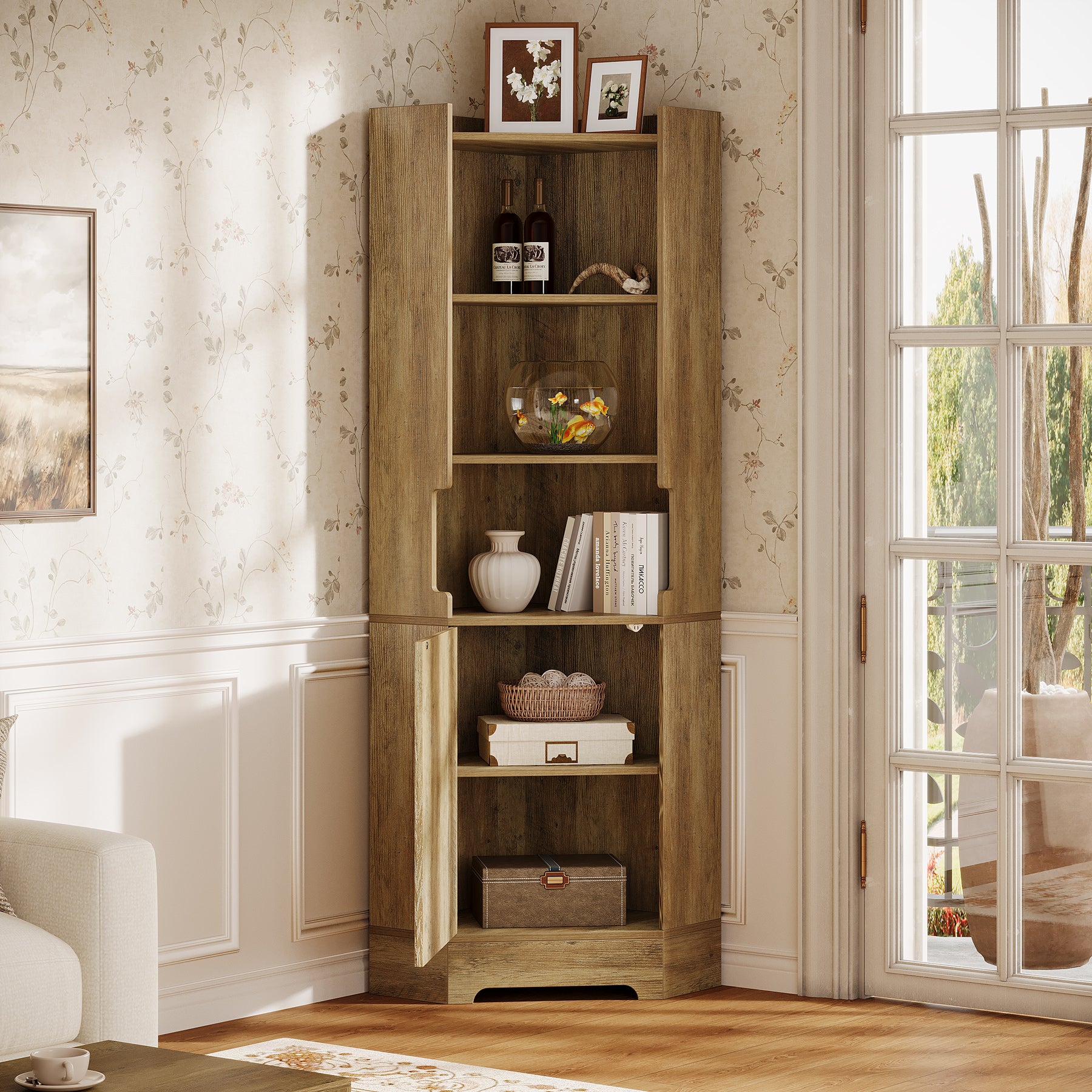 69" Corner Bookcase, Farmhouse Book Shelf with Cabinet