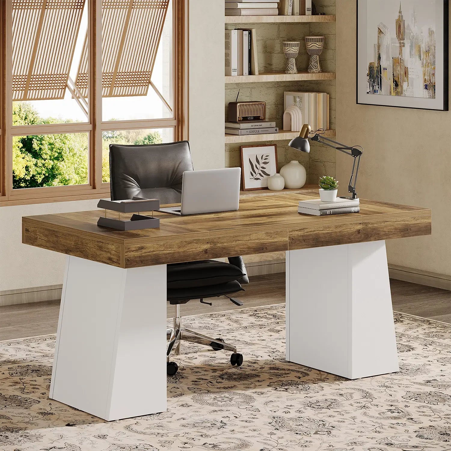 55" Executive Desk with Double Trapezoid Base, Modern Wooden Computer Desk for Home Office