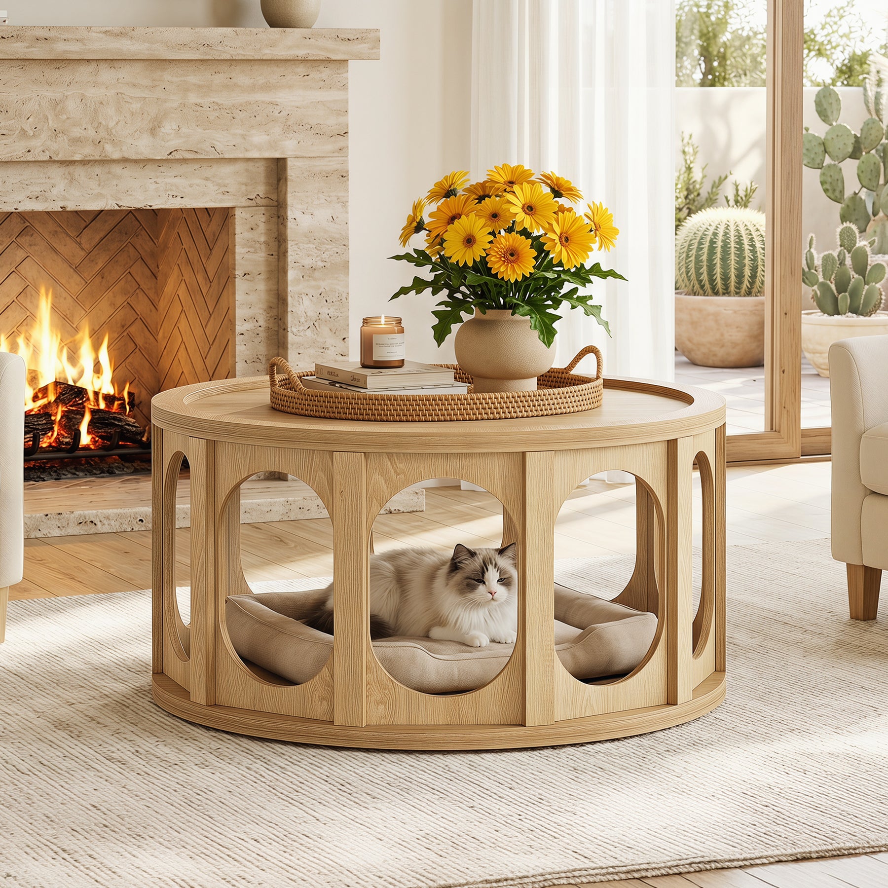 Round Coffee Table with Tray-Style Top