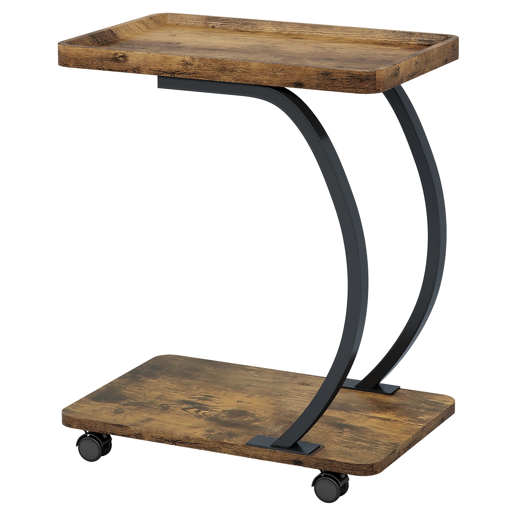 C-Shaped End Table, Industrial 2-Tier Side Table with Wheels