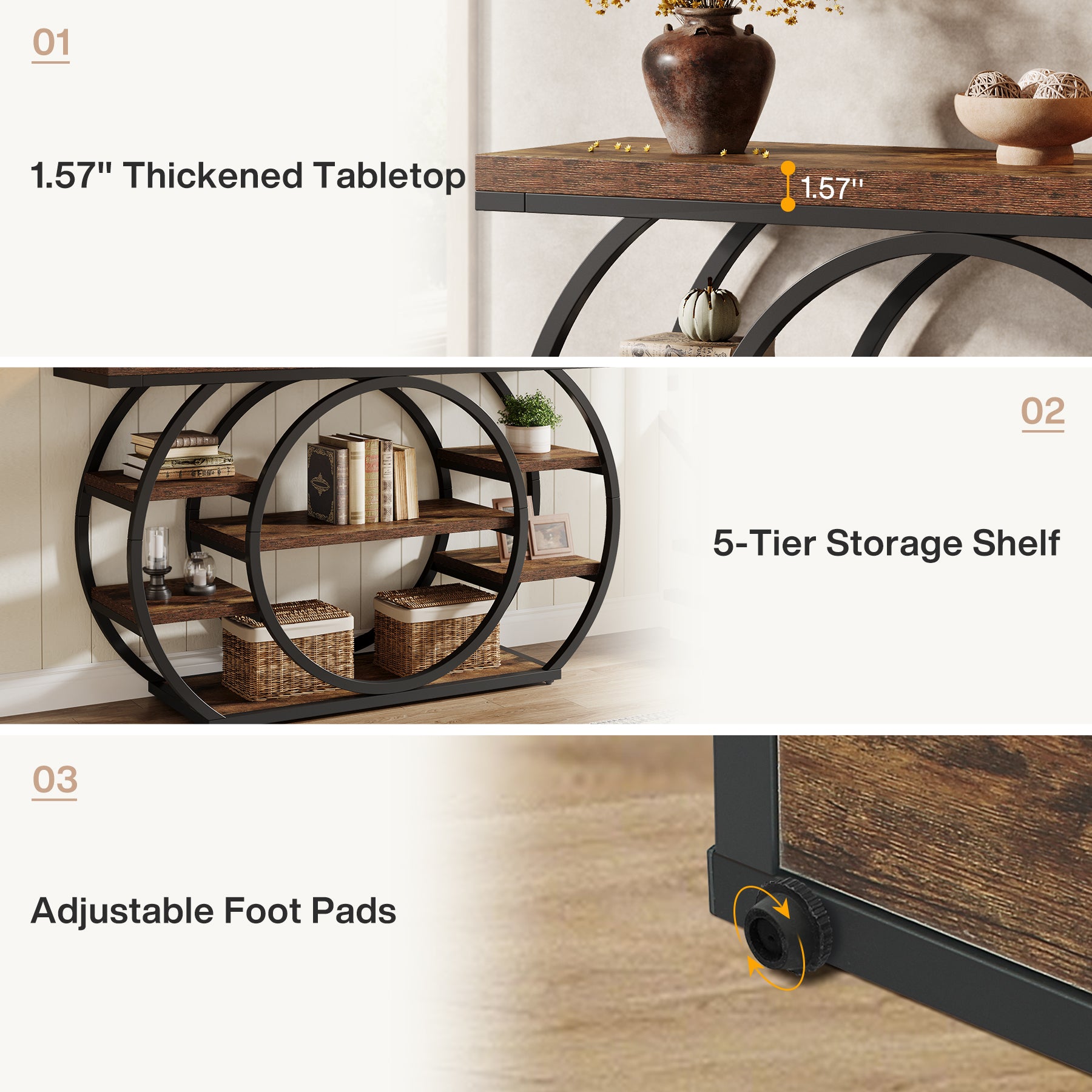 47.24" Console Table, 5 - Tier Industrial Sofa Table with Metal Frame Tribesigns