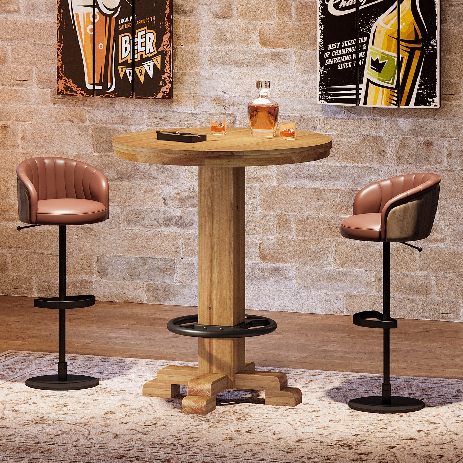 Solid Wood Round Bar Table, 37.4" H Bistro Pub Table with Metal Footrest
