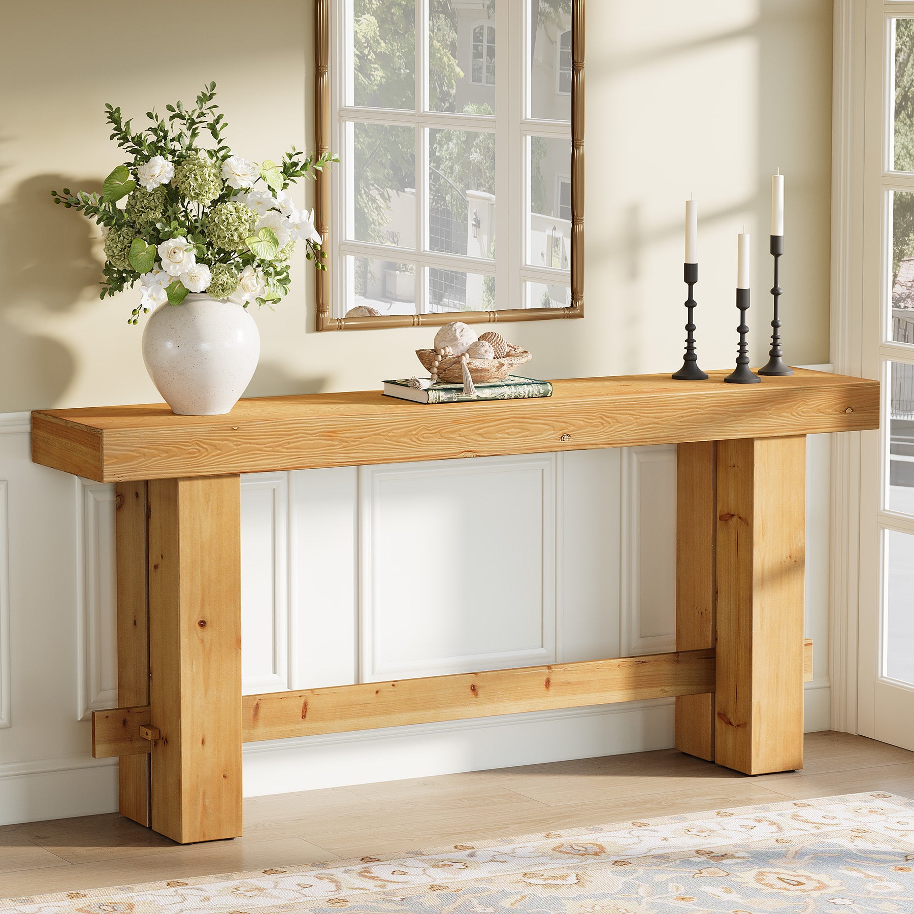 Solid Wood Console Table, 63" Sofa Entryway Table with Stable Leg