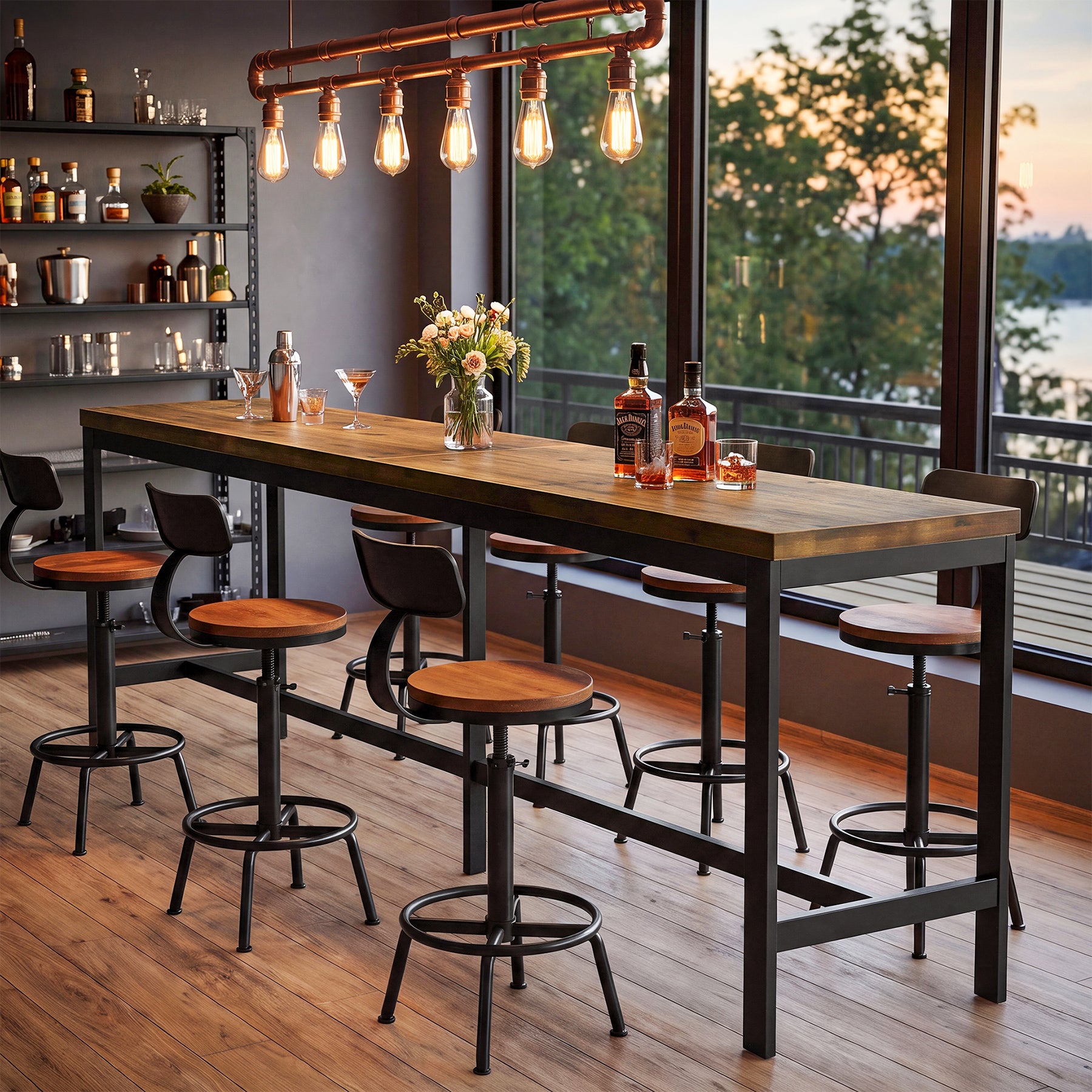79" Solid Wood Bar Table, Rectangular High Top Table with Metal Footrest for Home Kitchen