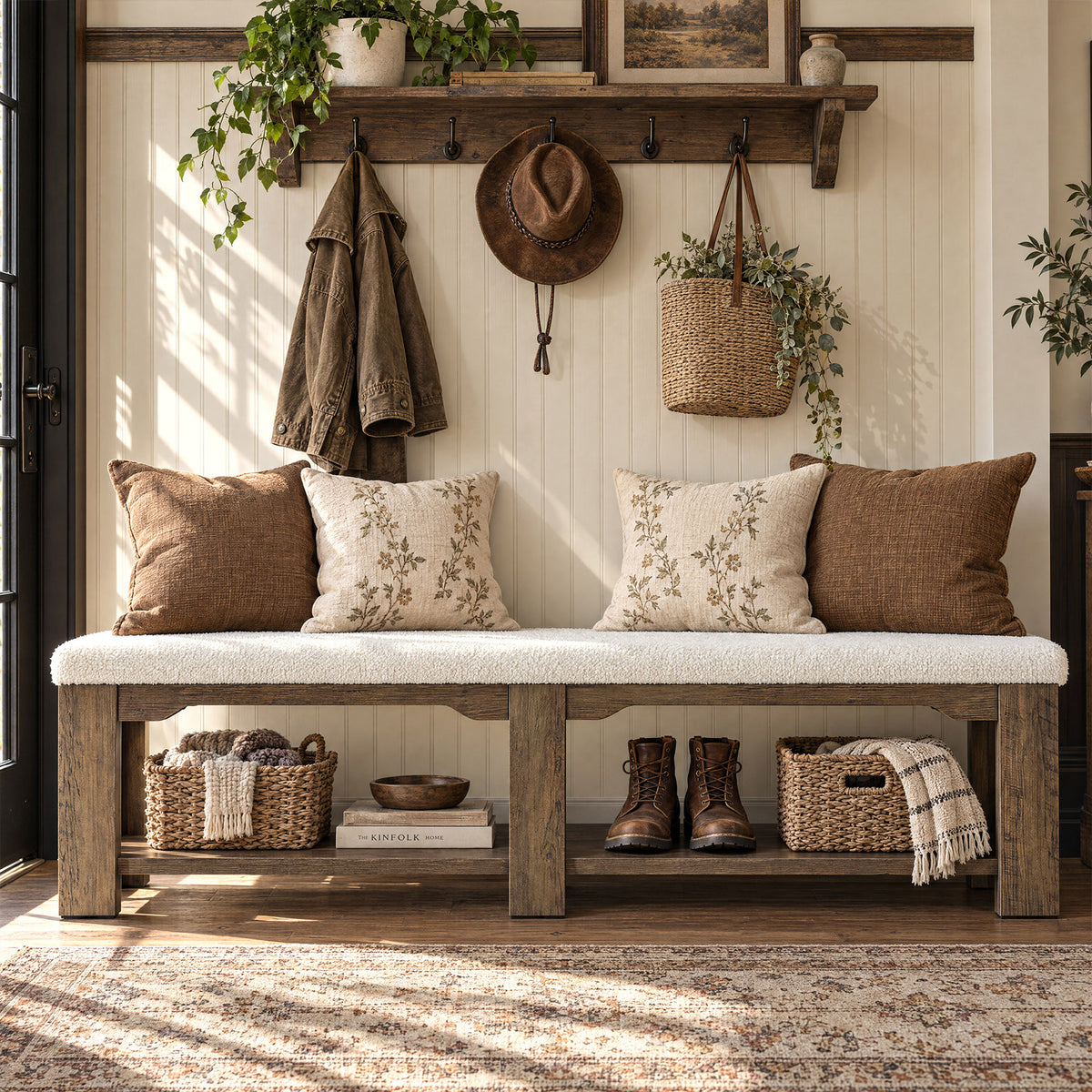 71" Wide Entryway Shoe Bench, Farmhouse Cushioned Seat & Lower Open Storage Shelf