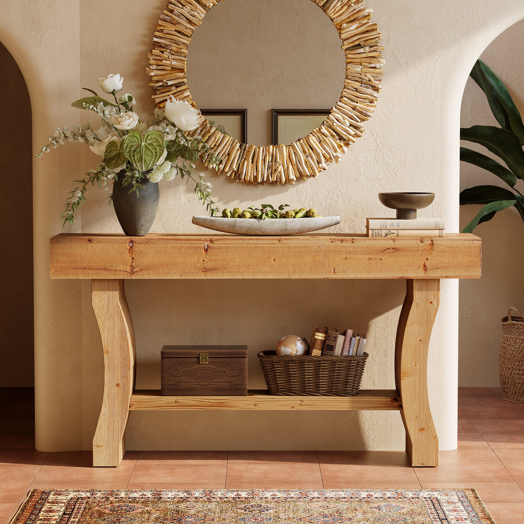 Solid Wood Console Table, 59" Sofa Table with Stable Curved Legs