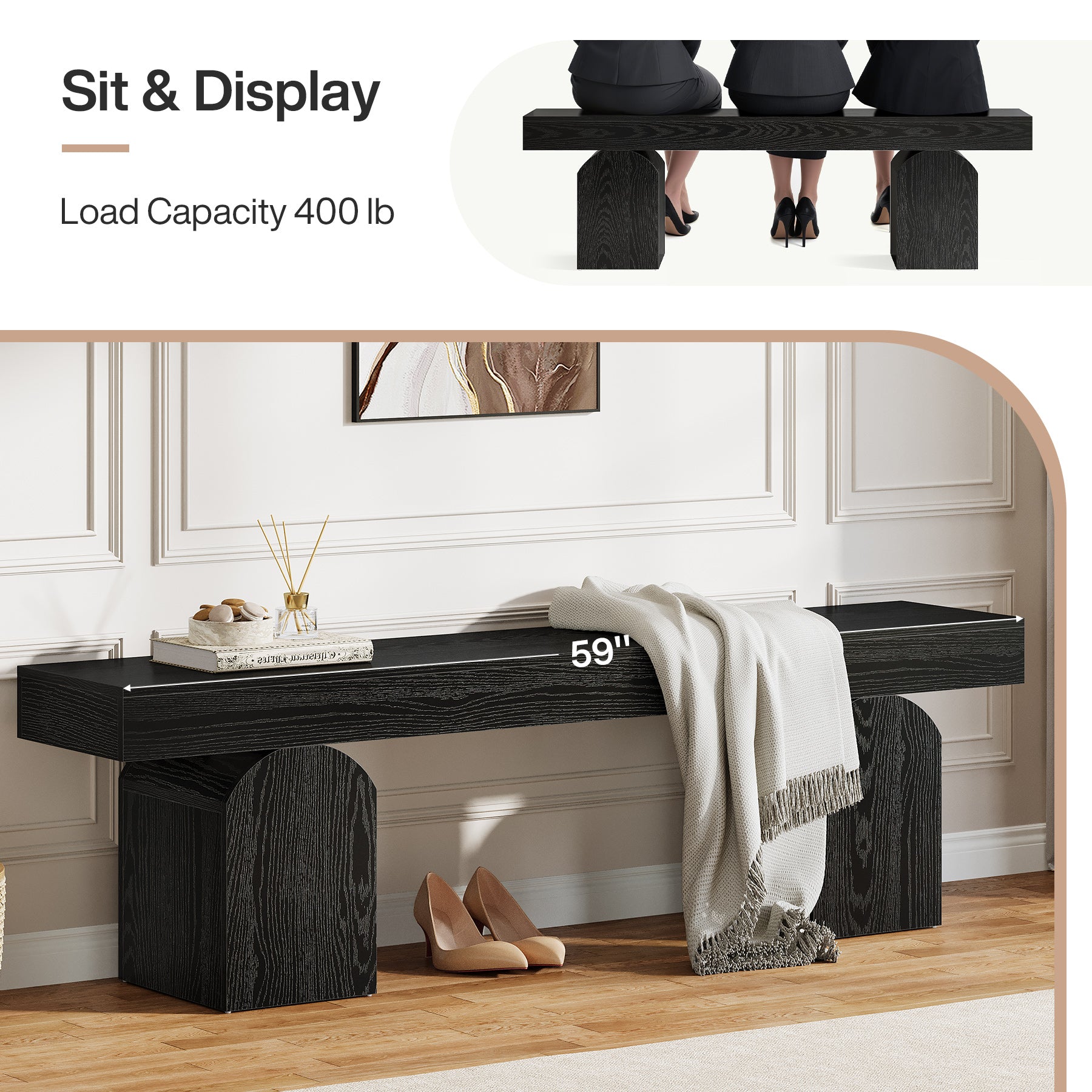 59" Entryway Bench, Long Shoe Bench with Arched Bases