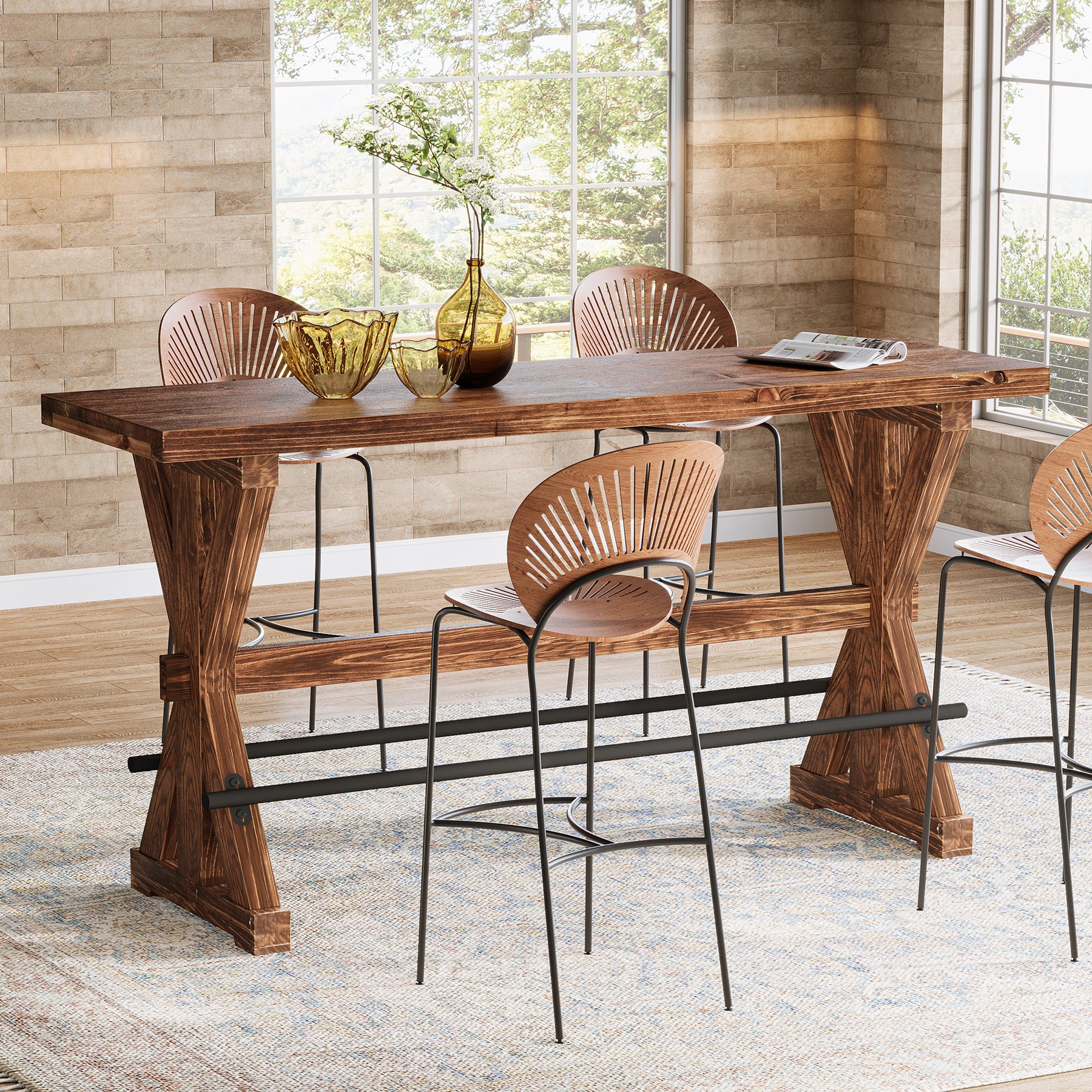 Solid Wood Bar Table, Rectangular Counter Height Pub Table With X-Base