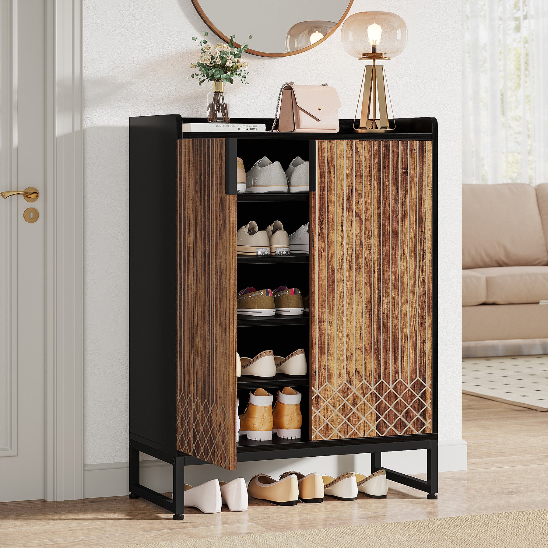 5-Tier Shoe Cabinet with Doors, Freestanding Wood Shoe Organizer for Entryway