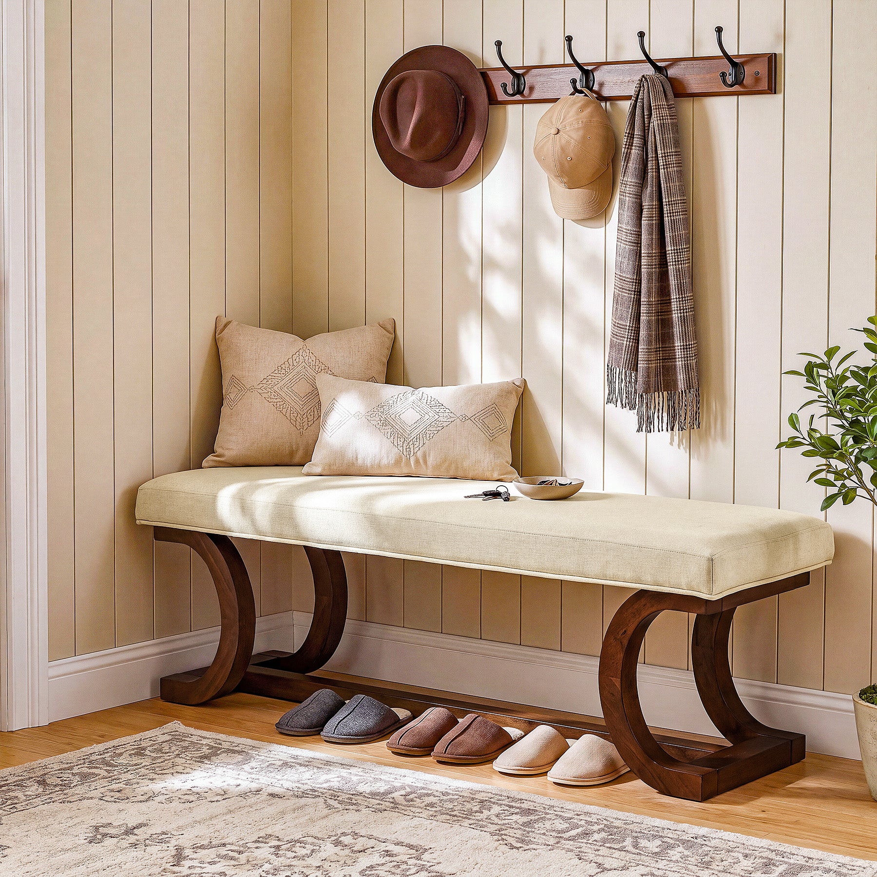 48" Upholstered Bench, Solid Wood Entryway Bench End of Bed Bench with Soft Cushion