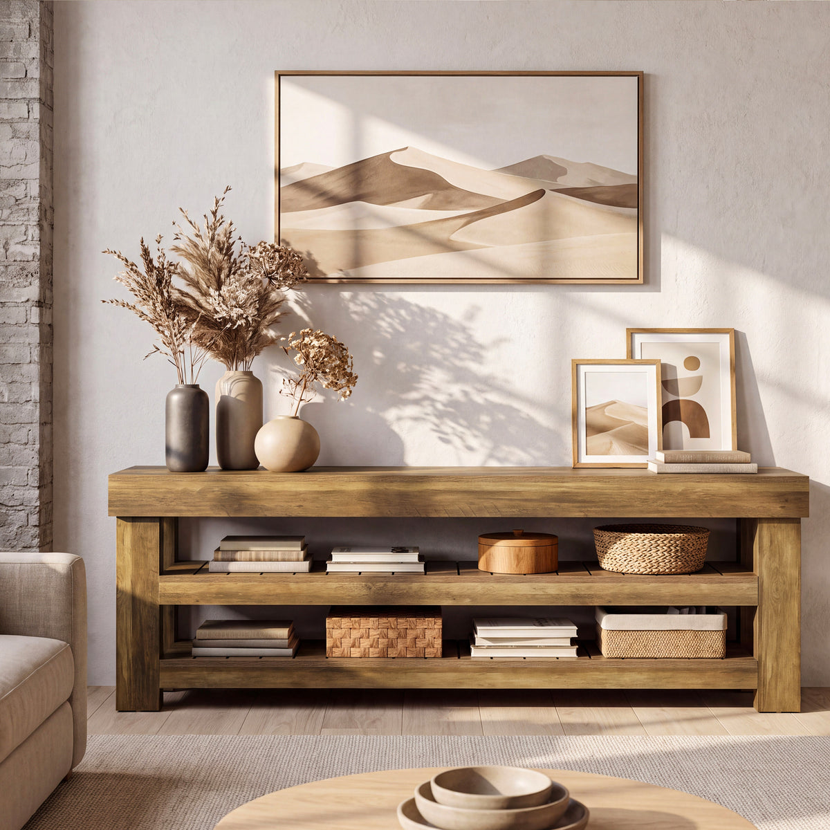71" Extra Long Console Table with 2 Shelves, Narrow Rustic Farmhouse Sofa Table, Entryway