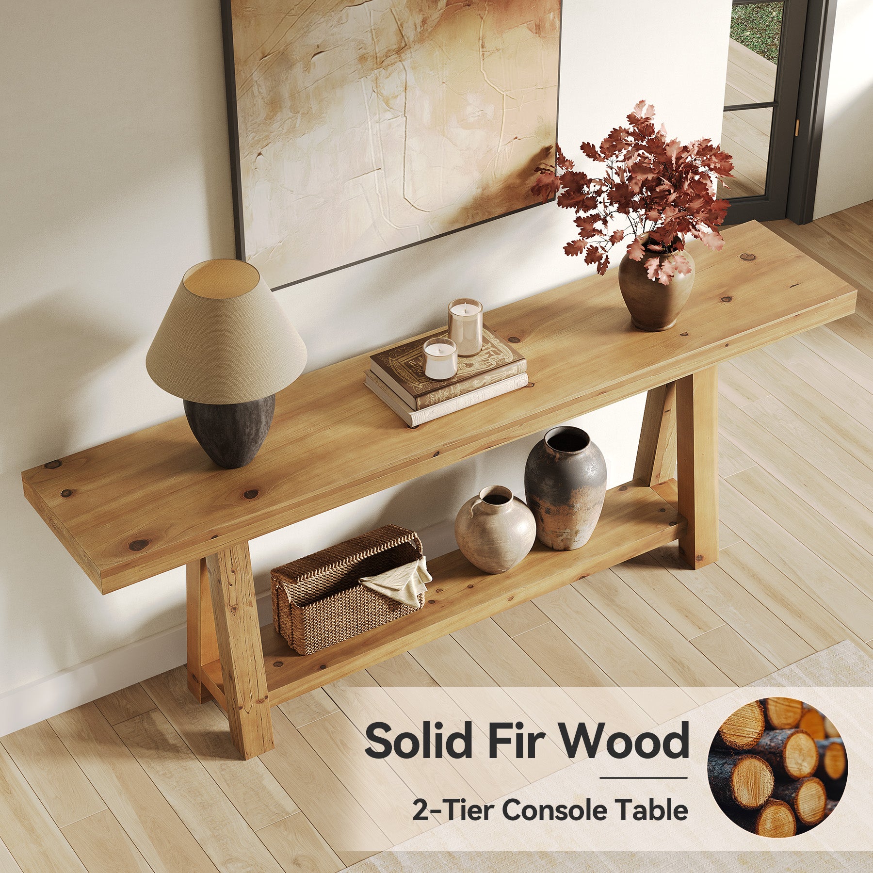 Solid Wood Console Table, 70.87" Sofa Table with Shelves for Entryway