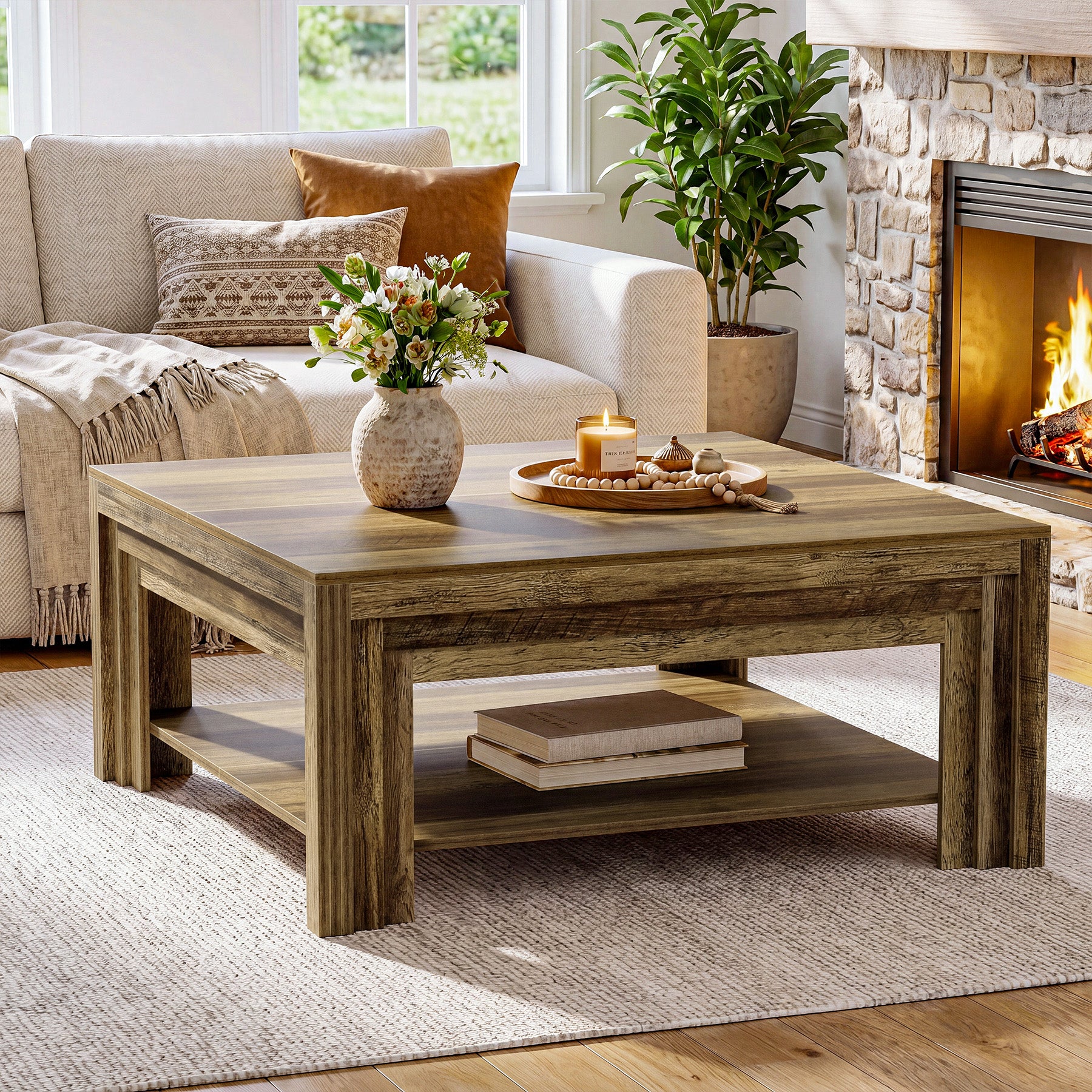 Farmhouse Square Coffee Table with Shelf