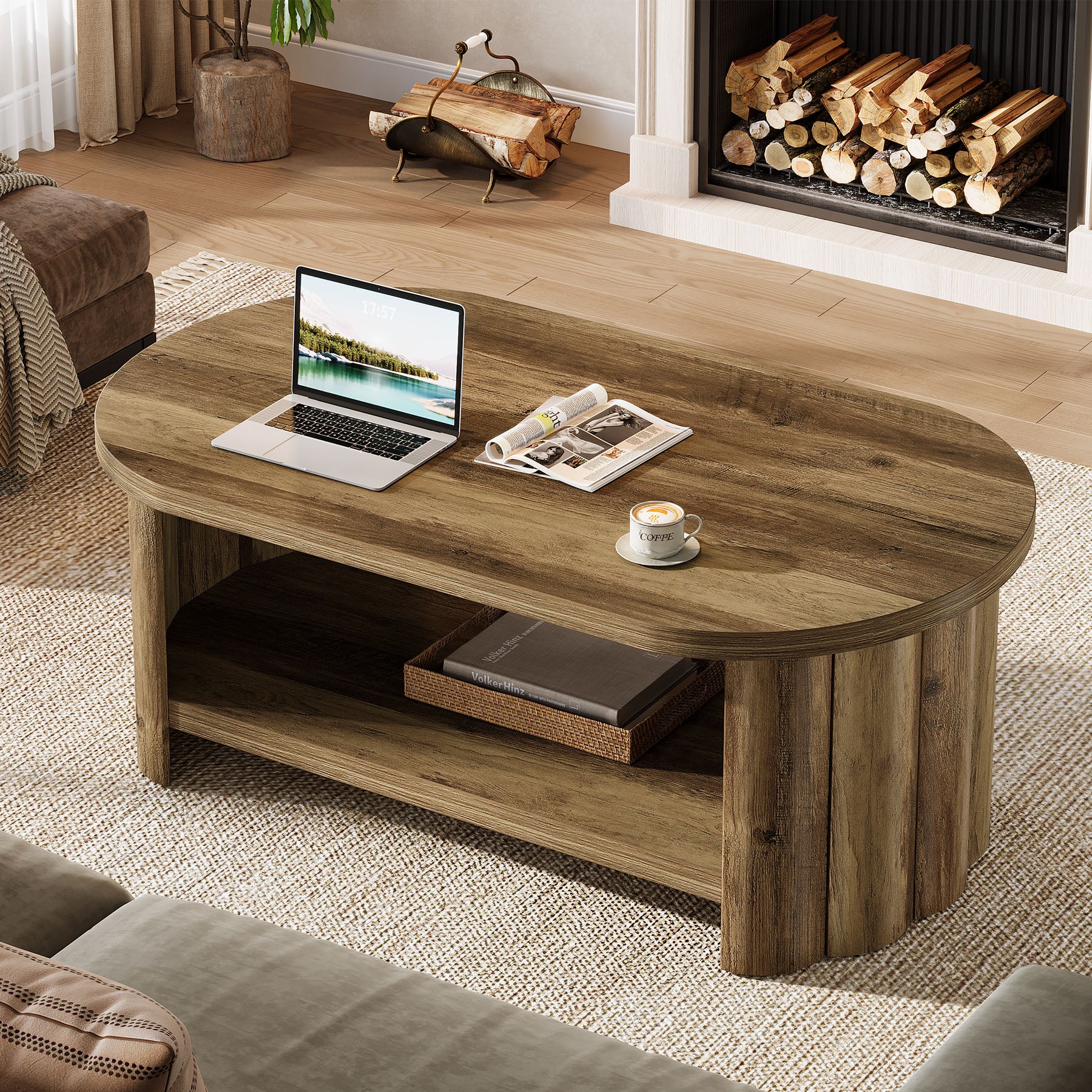 47.24" Oval Coffee Table, 2-Tier Accent Center Table with Storage Shelf for Living Room