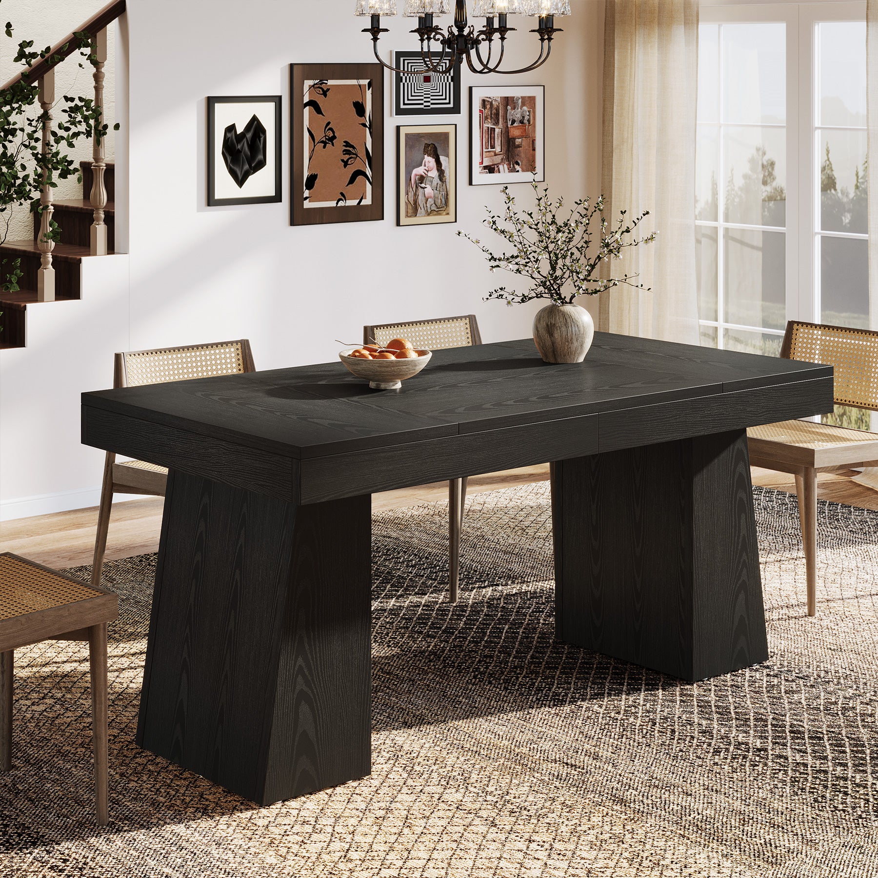 55 Inch Farmhouse Double Pedestal Dining Table, Rectangular Table for 4-6 in Small Spaces