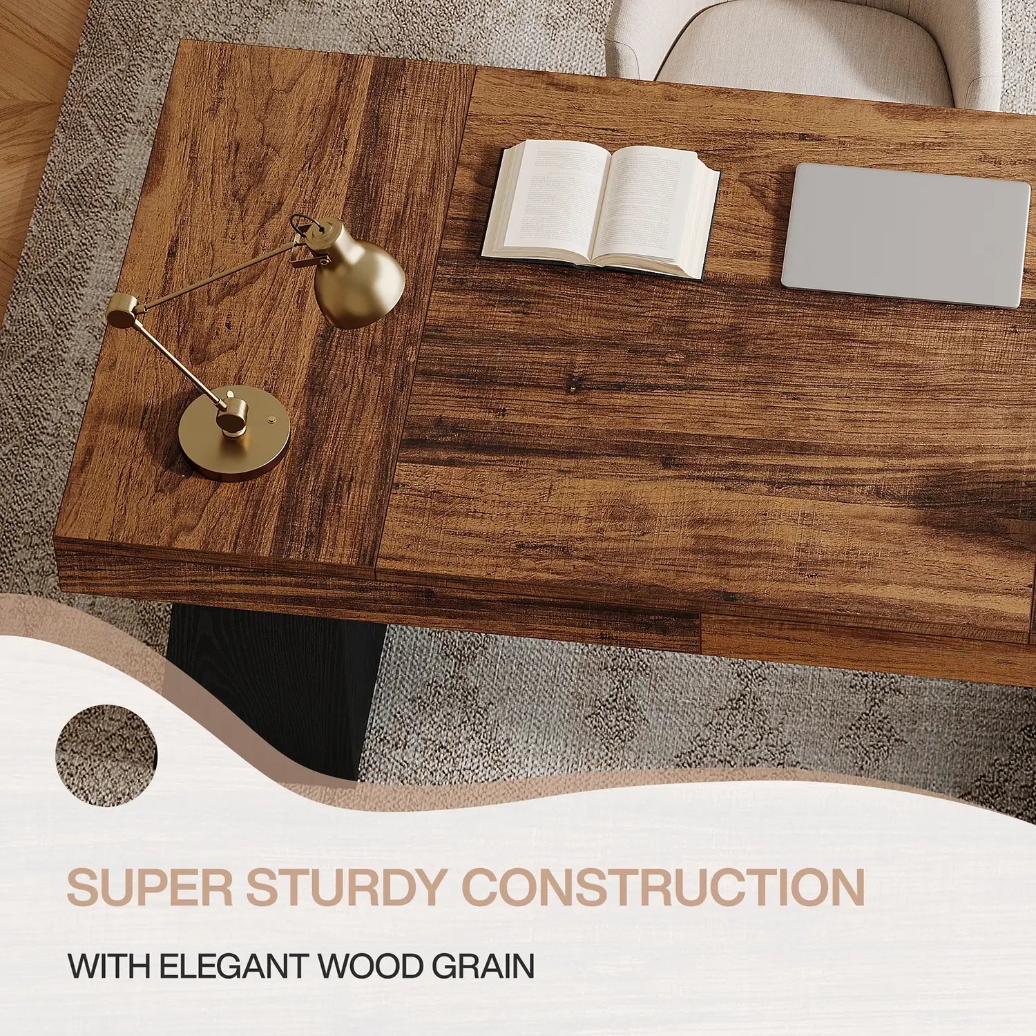 55" Executive Desk with Double Trapezoid Base, Modern Wooden Computer Desk for Home Office