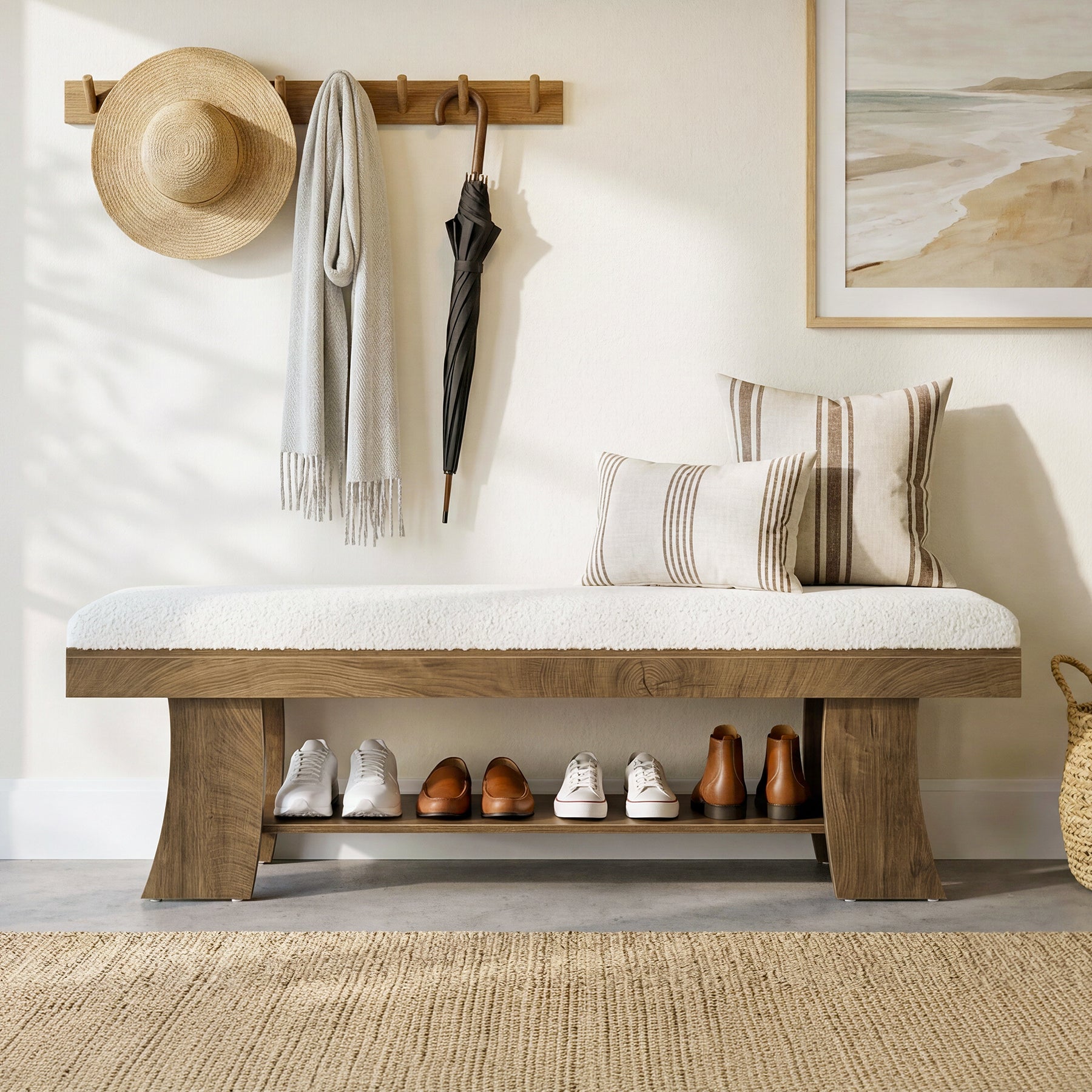 59" Upholstered Entryway Bench, Cushioned Shoe Bench Seat with Storage Shelf