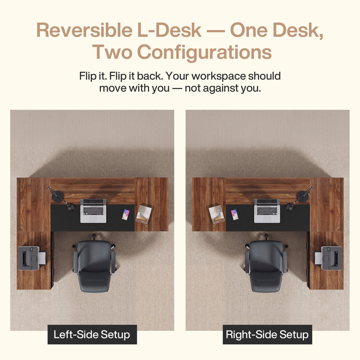 L-Shaped Executive Desk, 71" Reversible Computer Desk with Mobile File Cabinet & Shelves