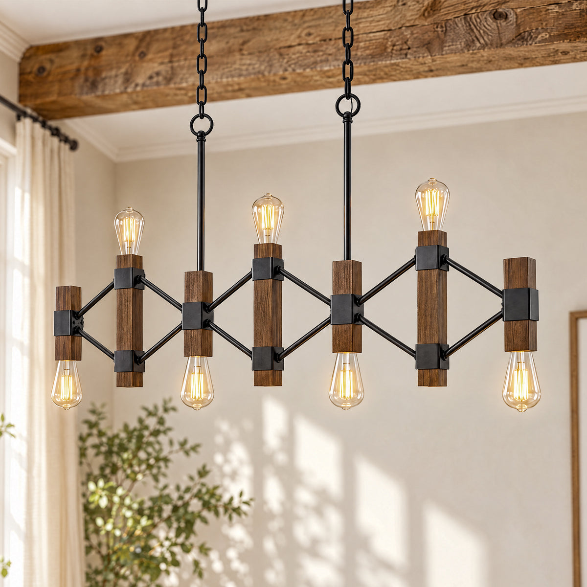 7-Light Farmhouse Linear Chandelier, Faux Wood Pendant Light with Black Metal