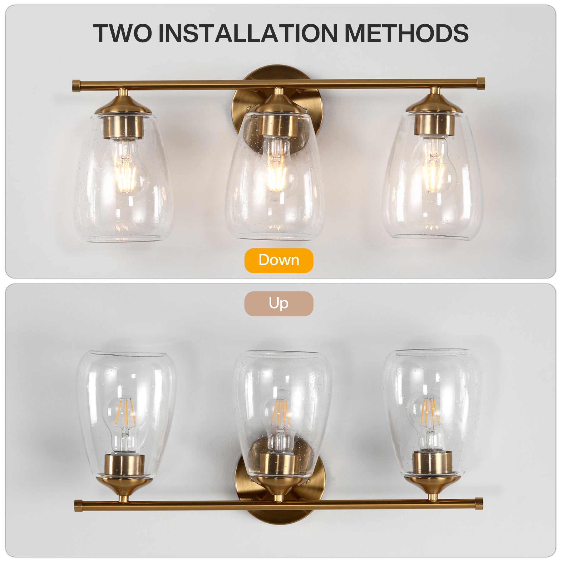 3-Light Vanity Light, Bathroom Wall Light Fixtures with Transparent Bubble Glass Shade