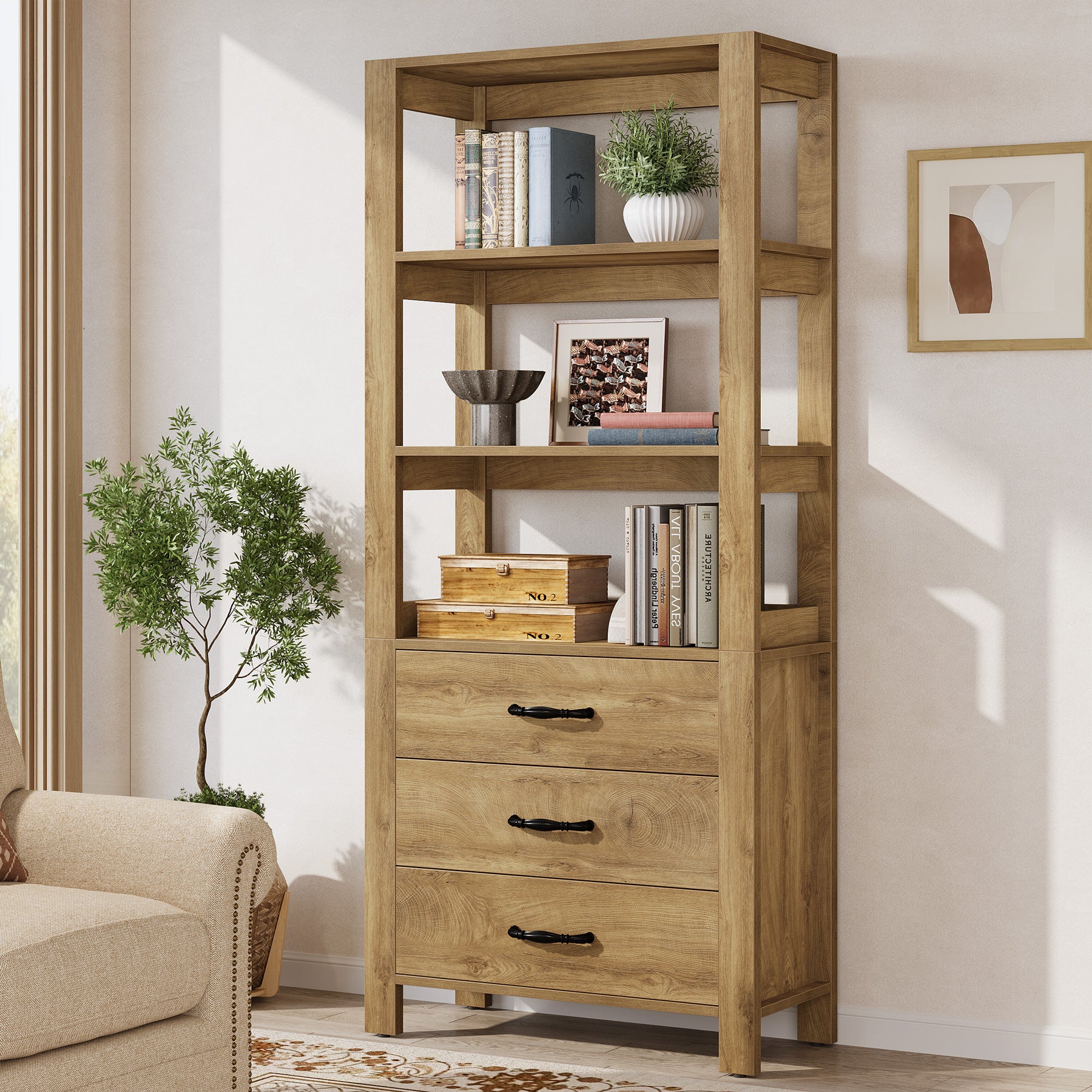 70.9" Bookshelf with Drawers, Modern Bookcase with 3-Tier Open Shelf