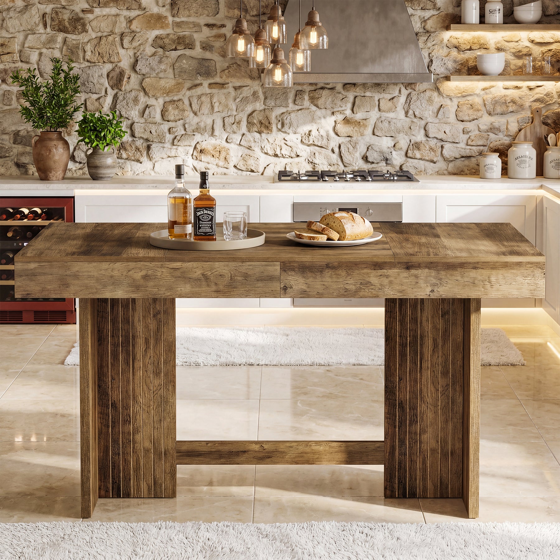 55" Kitchen Island, Farmhouse Stationary Table with Large Worktop