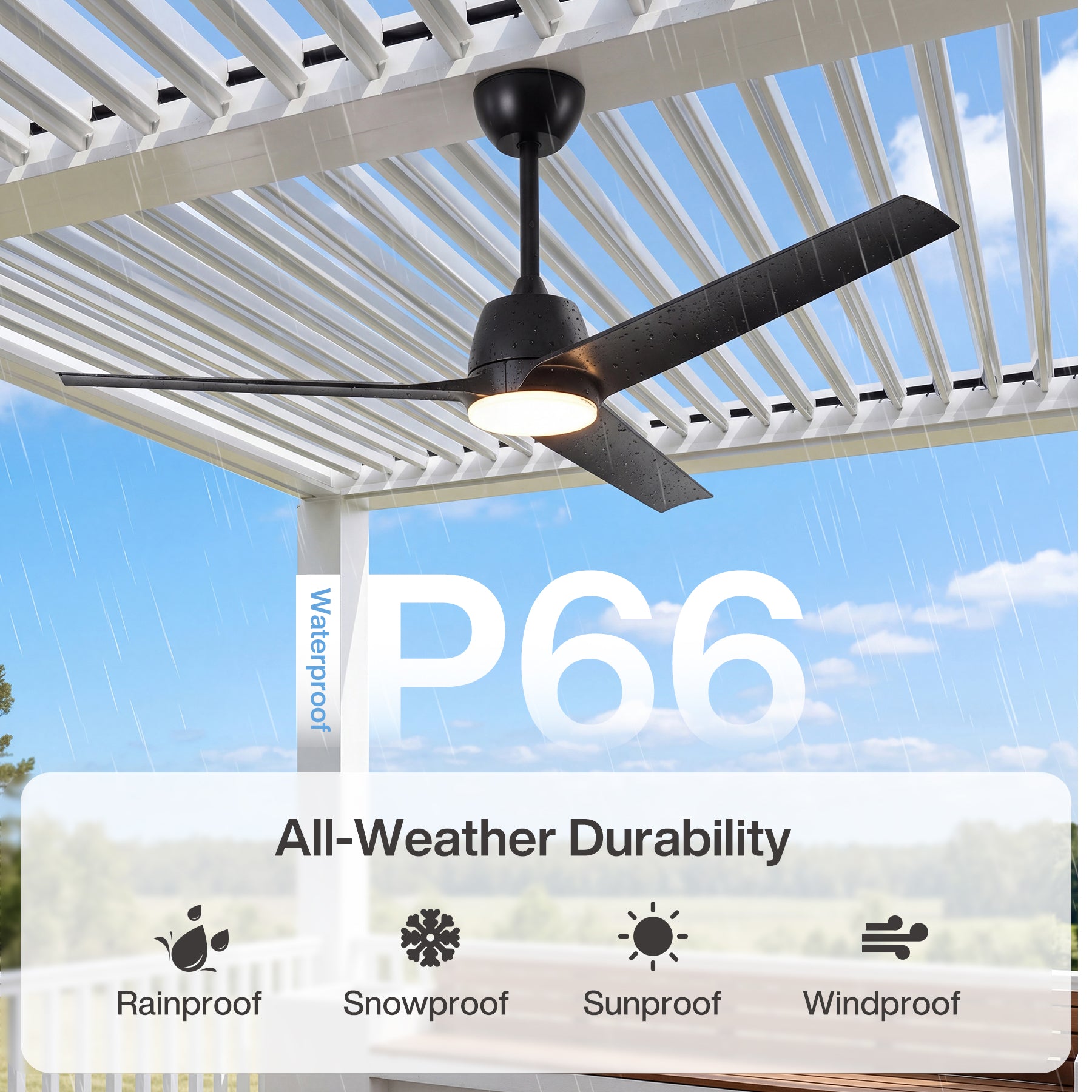 52" Outdoor Ceiling Fans with Lights and Remote, IP66 Waterproof Ceiling Fan With 2 Downrods