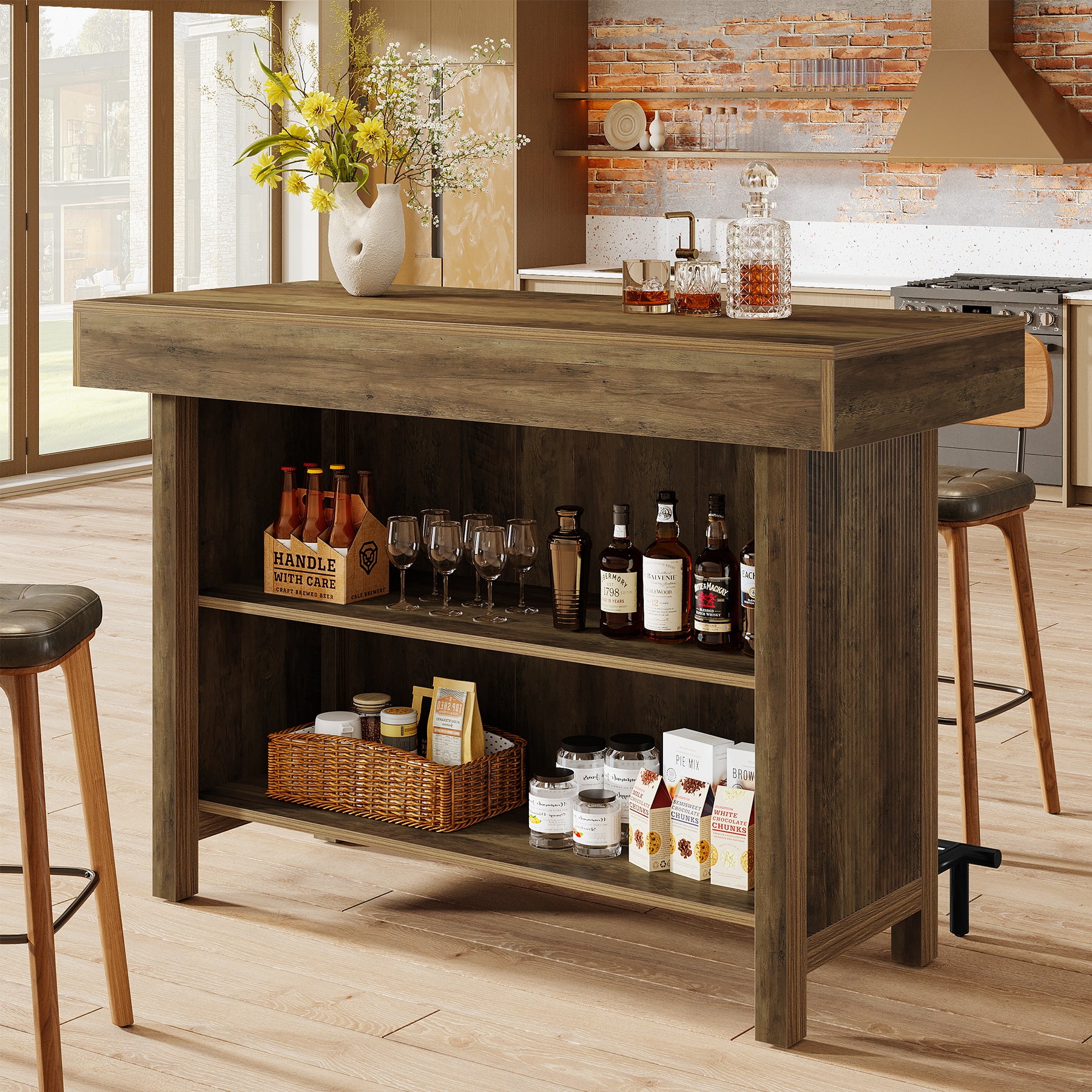 57.48" Bar Unit, Industrial Counter Height Bar Table with 2-Tier Storage