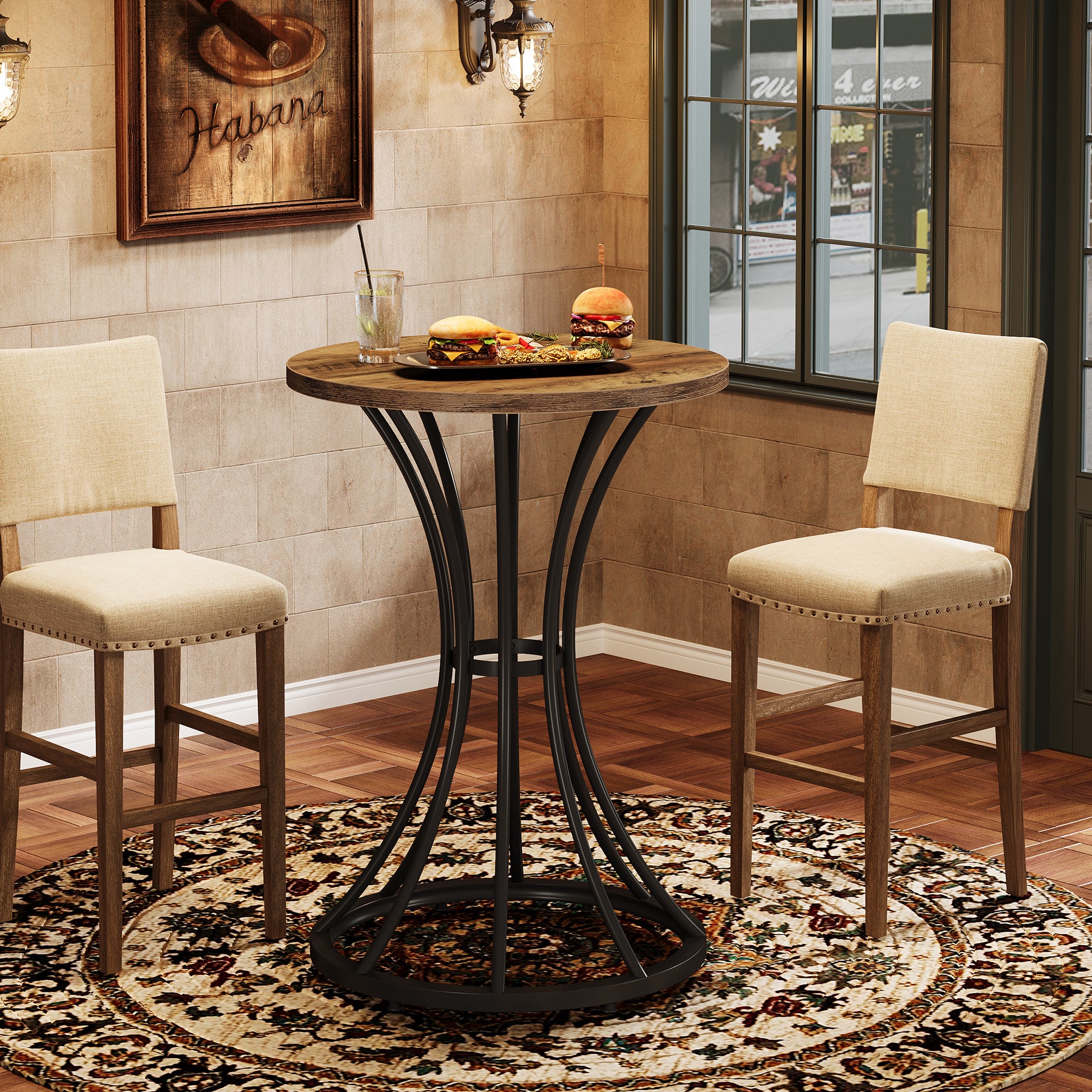Round Bar Table for 2, 37.4" H Cocktail Table with Curved Metal Base