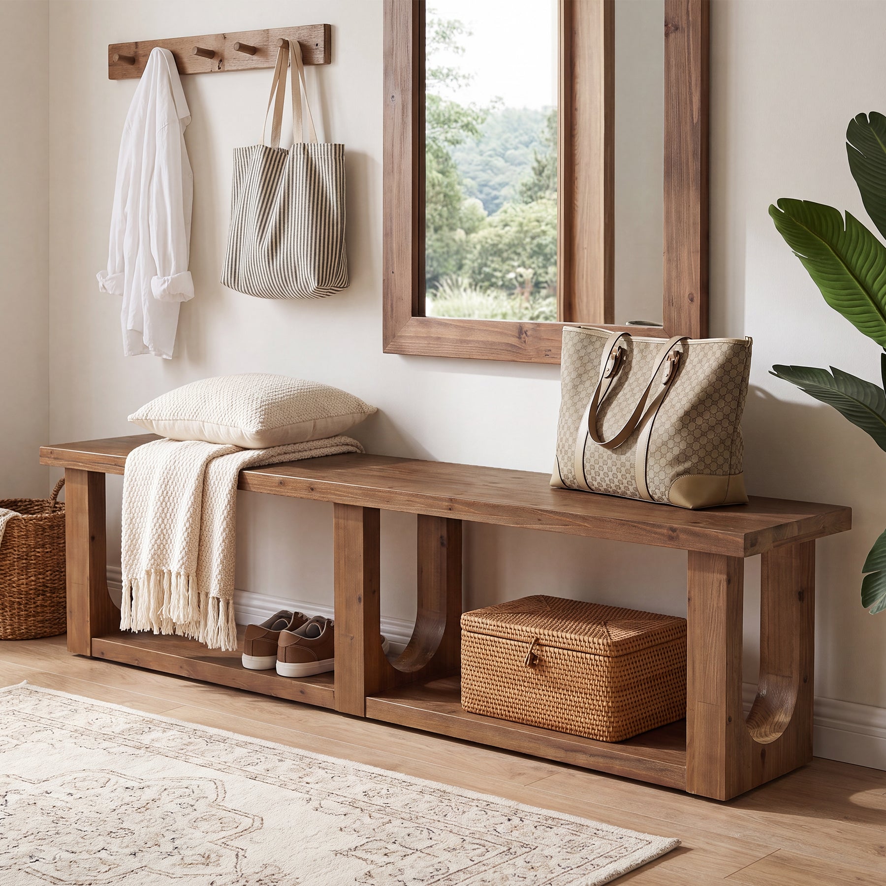 70.9" Solid Wood Entryway Bench, Farmhouse Shoe Bench with 2-Tier Storage for Hallway