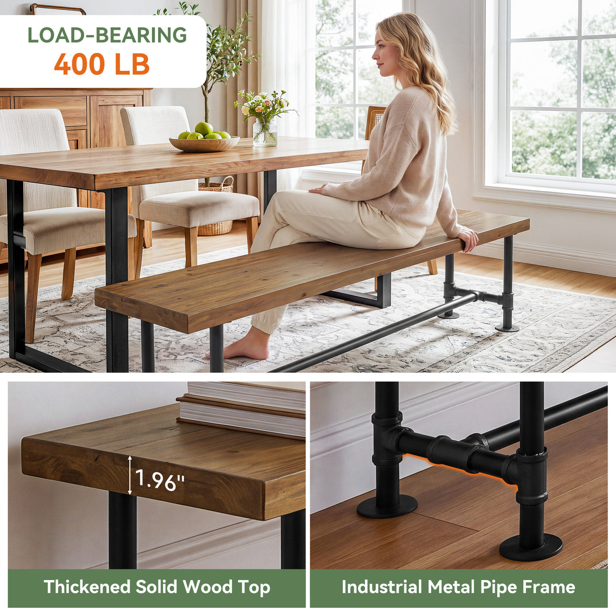 71" Solid Wood Dining Bench, Industrial Wood Bench with Metal Pipe Legs for Kitchen