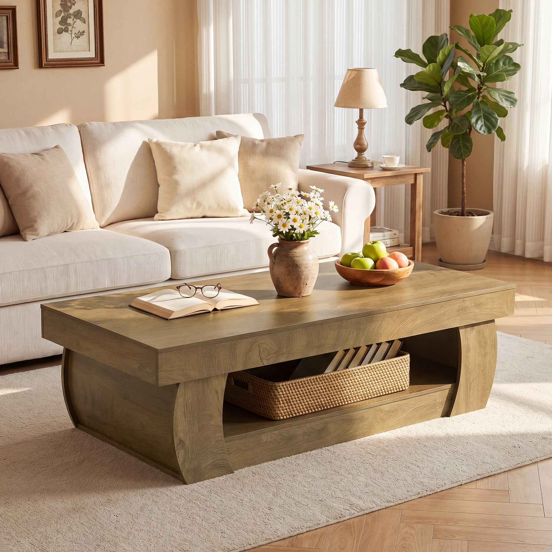 55" Farmhouse Coffee Table with Storage and Curved Pedestal Base