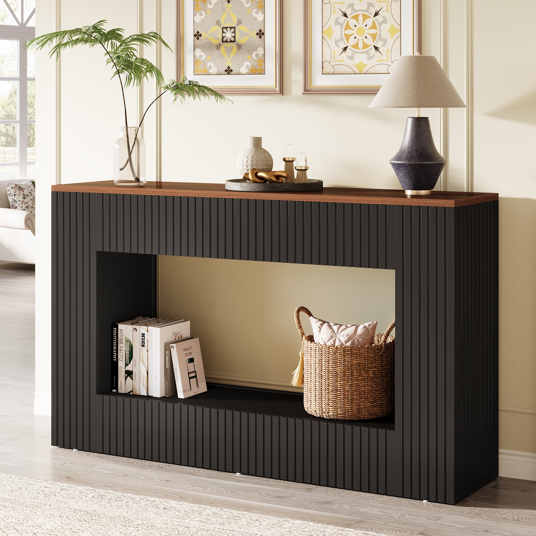 55" Console Table, Wood Entryway Table Sofa Table with Storage