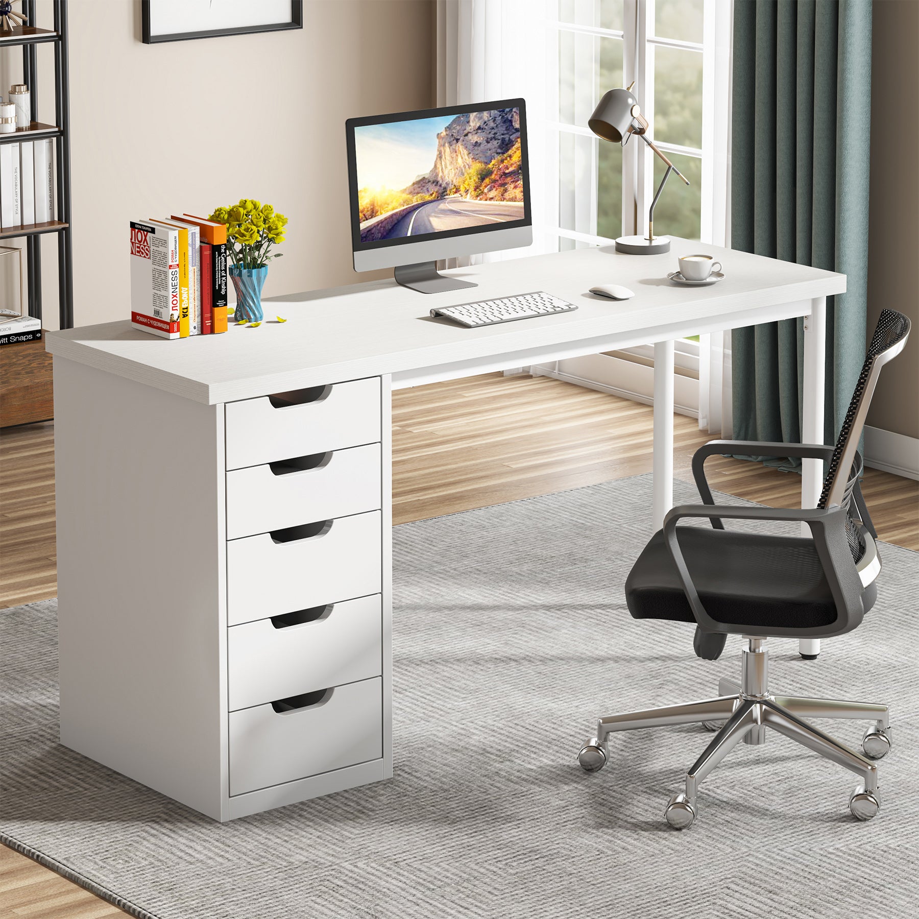 47" Computer Desk with 5 Drawers, Compact Storage Home Office Desk