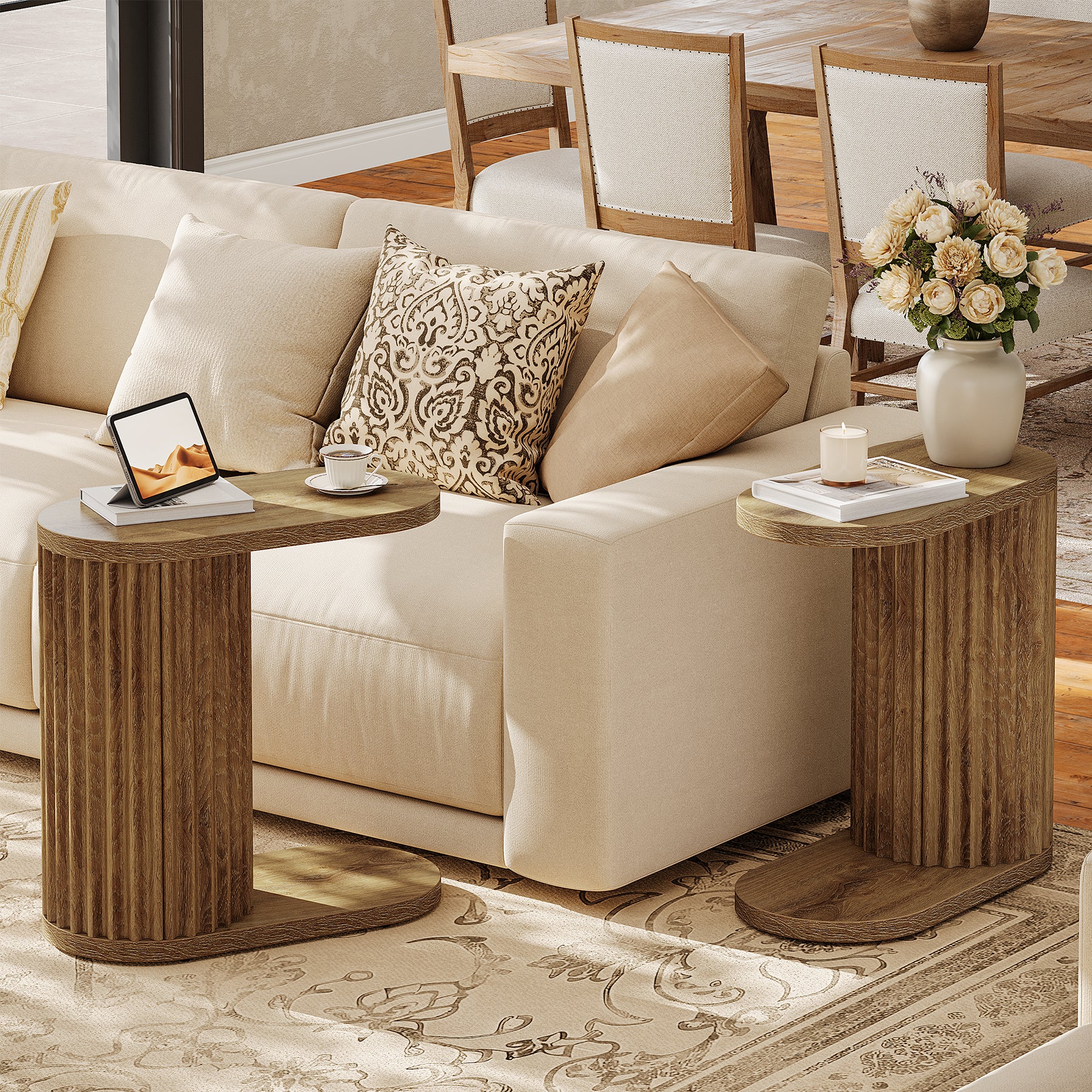 23.62" Fluted C-Shaped End Table with Oval Top, Narrow Side Table for Couch