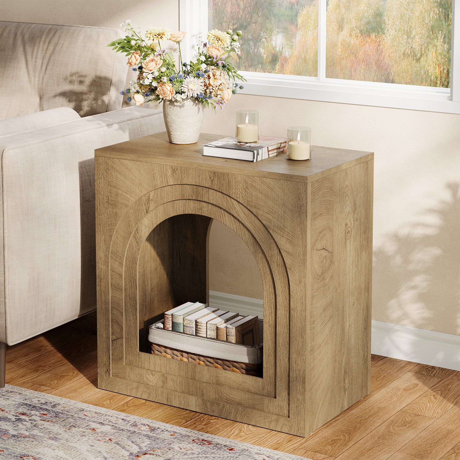 Tribesigns 2-Tier Square End Table, Farmhouse Side Table with Arched Shelf