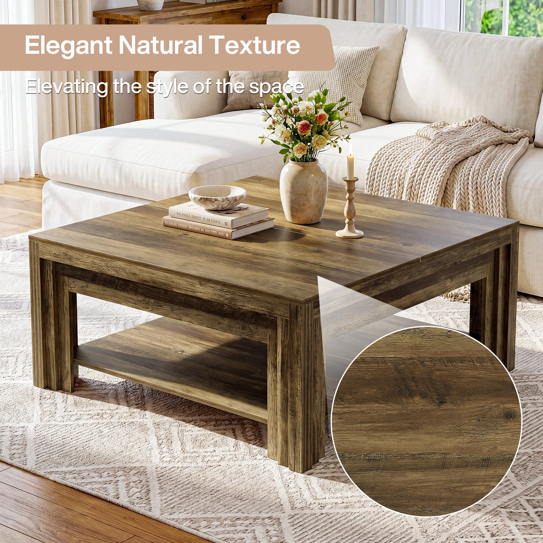 Farmhouse Square Coffee Table with Shelf