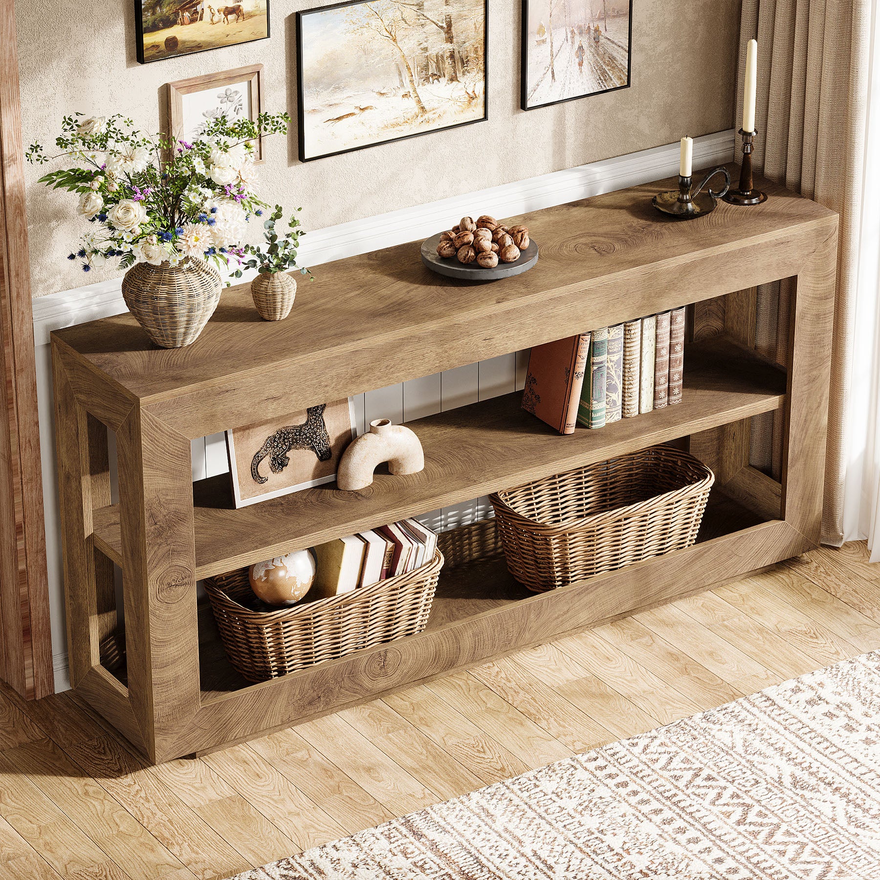 63" Console Table, Farmhouse Entryway Table with 3-Tier Storage Shelf